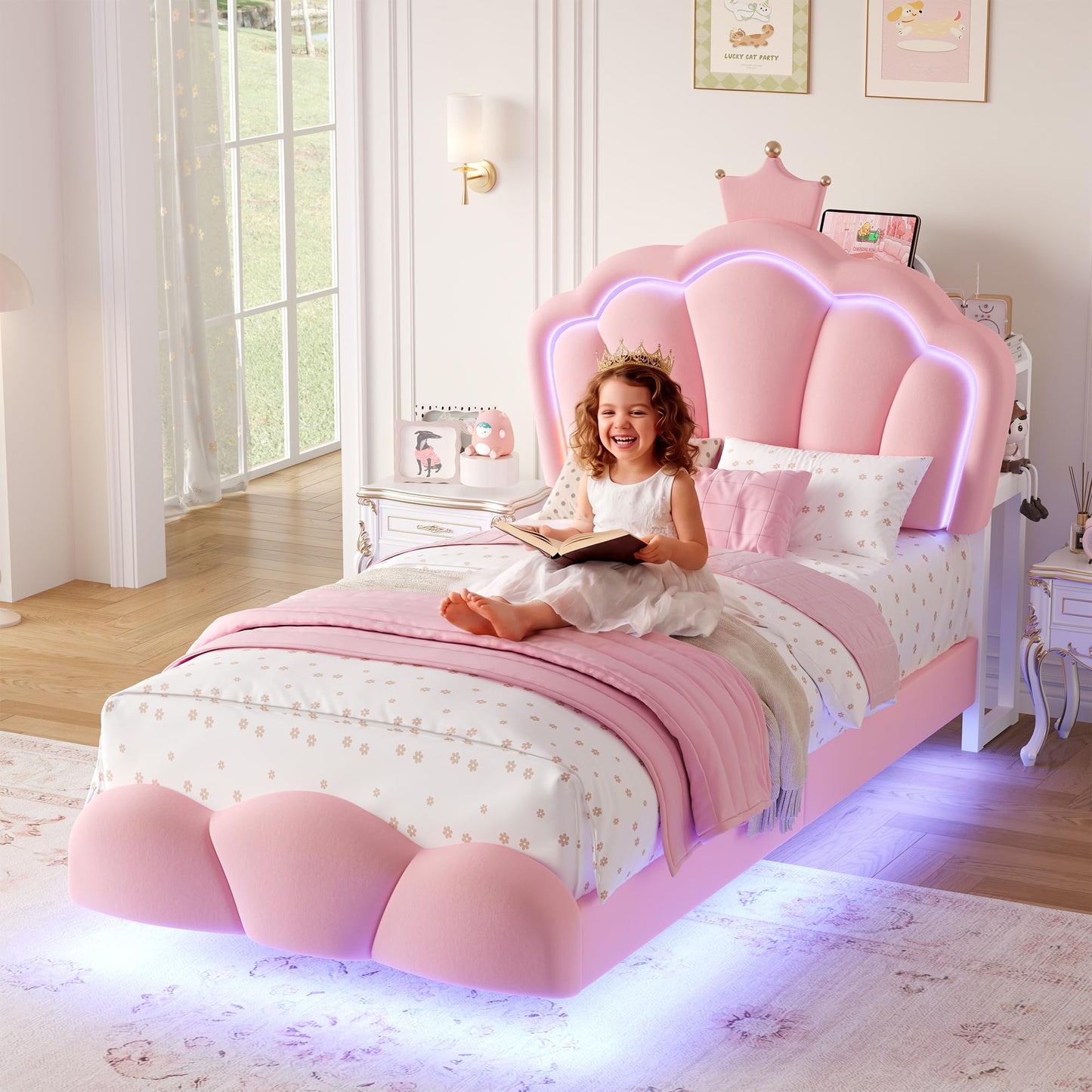 Keyluv Twin Floating Bed Frame with Led Lights & Charging Station, Princess Bed with Storage Bookcase Headboard, Velvet Upholstered Platform Bed with Cloud-Shaped Footboard for Girls, Noise free, Pink