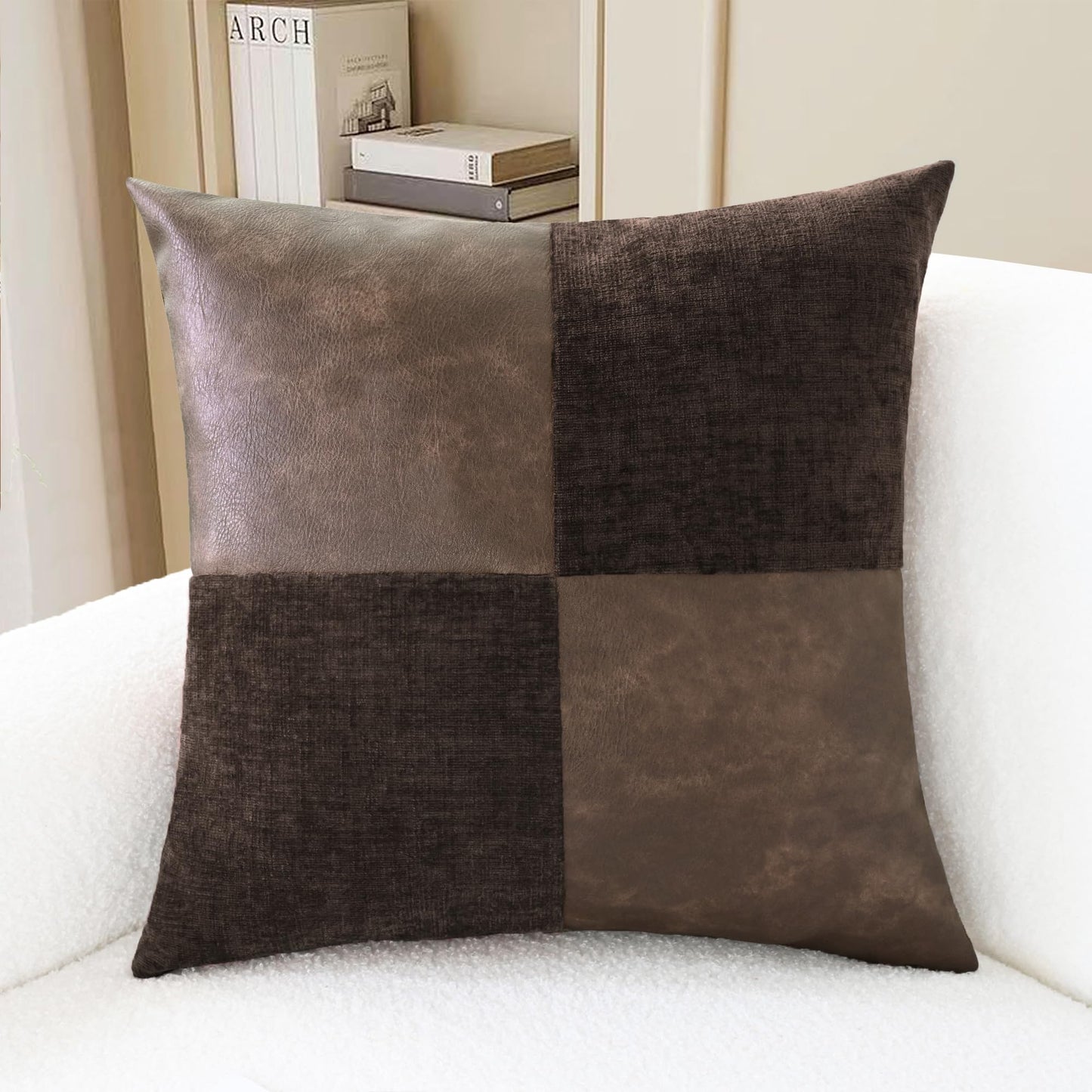CaliTime Throw Pillow Covers Decorative 18 X 18 Inches Pack of 2 Cozy Chenille Faux Leather Splicing Cushion Cases for Couch Sofa Bed Living Room Home Coffee