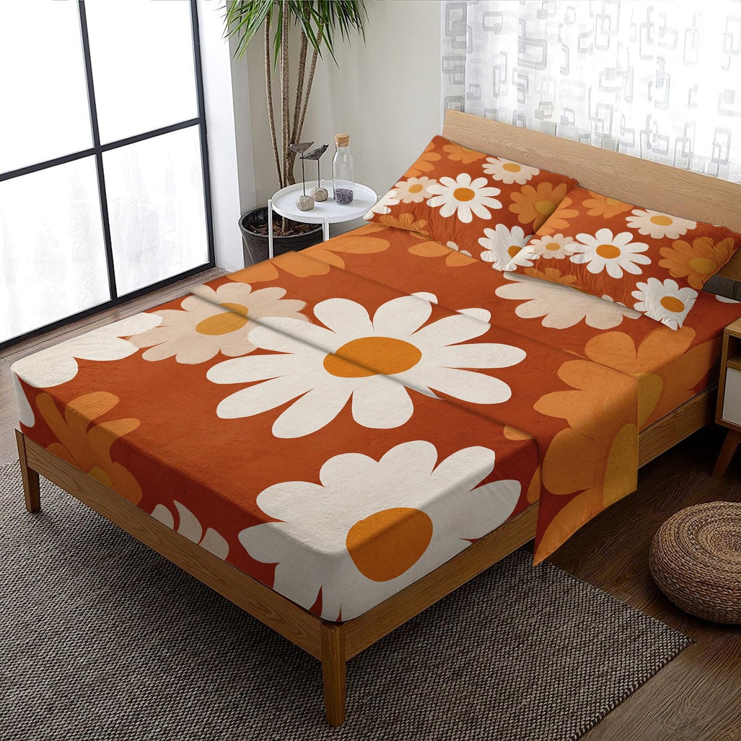 NOGAWA Retro Flower Sheets Full Size, Boho Floral Bed Sheets, 70s Bedding Sheets, Pillowcases 4 Piece Set, Microfiber Deep Pocket Fitted Sheet, Flat Sheet, 2 Pillow Cases