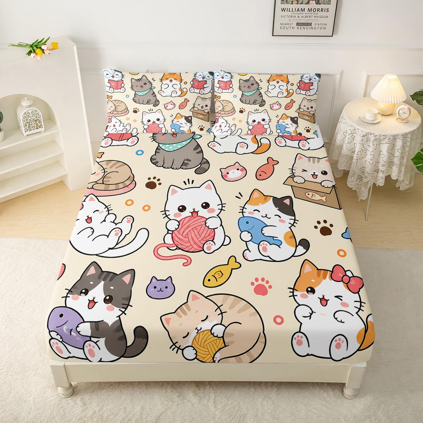 QOOMO Kawaii Kids Sheets Twin Size,Cat 16" Deep Pocket Bed Sheet Set,Cartoon Cat Printed Bedroom Decor Sheet Set Soft and Breathable for Girls/Kids/Teens，Twin