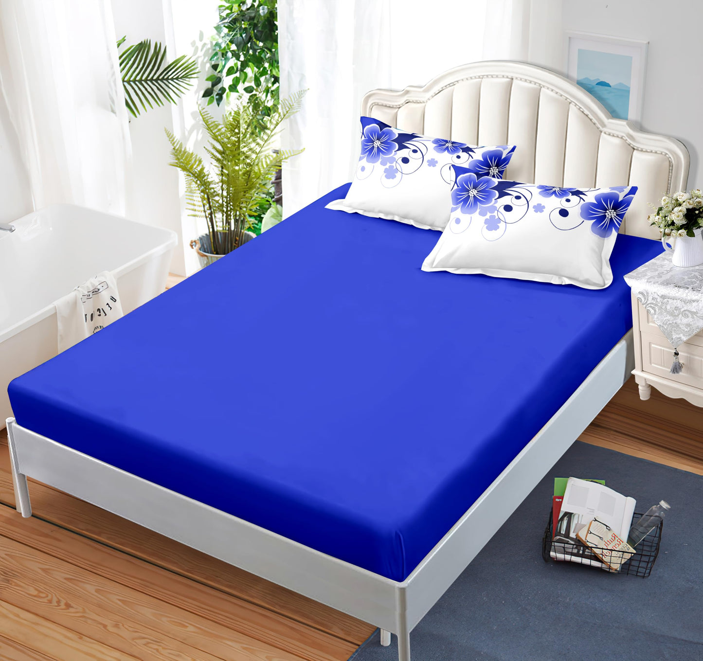 12-Piece Royal Blue Gardenia Duvet Cover Set King with Curtains, Floral Bed in a Bag King with Sheets, Matching Curtains Comforter Cover, Soft Microfiber Bedding Set Zipper Closure, Ideal Gift
