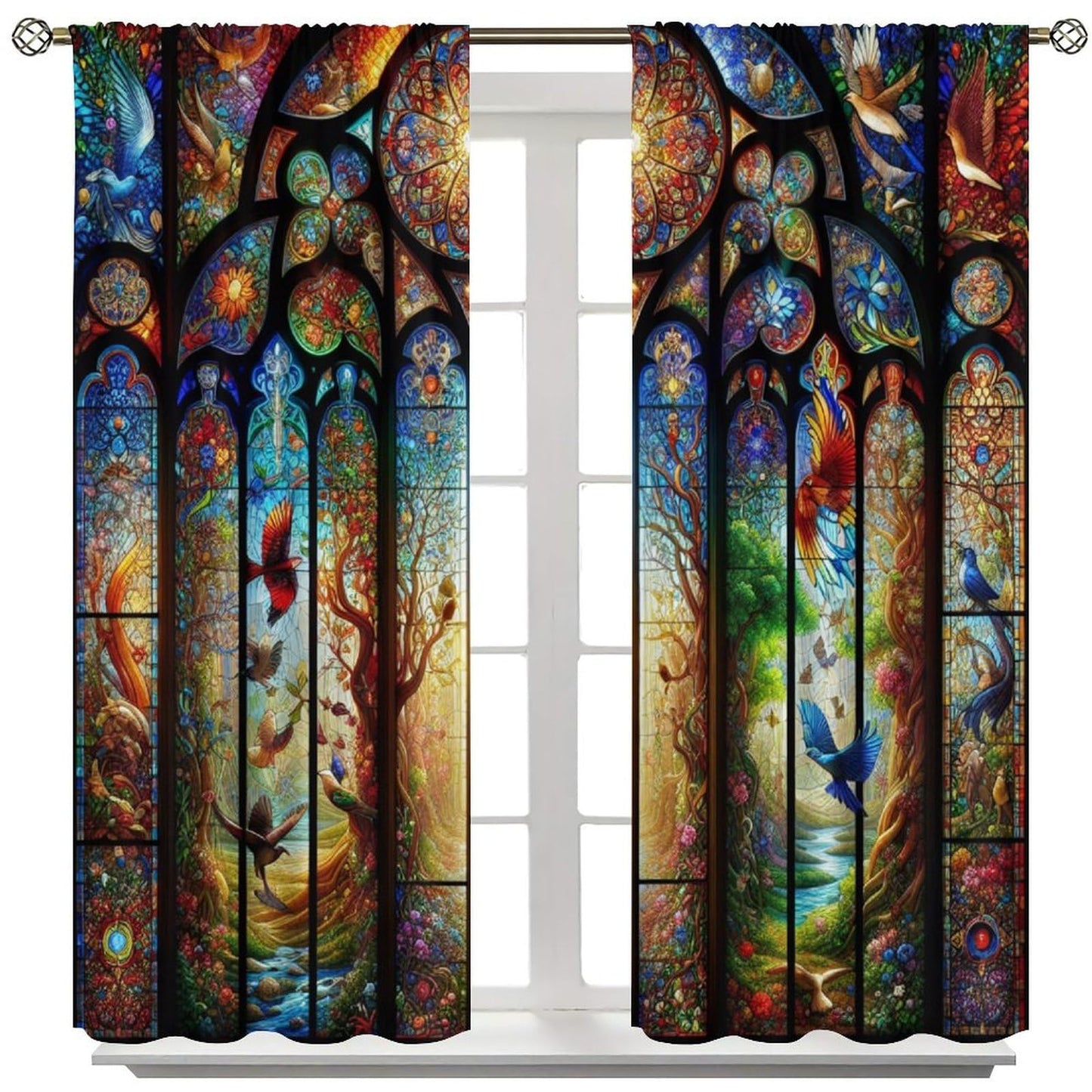 FengMingRui Fantasy Stained Glass Curtains Dream Forest Bird Geometric Patchwork Abstract Window Treatments for Kids Boys Girls Bedroom Living Room Window Drapes 42" W X 45" L