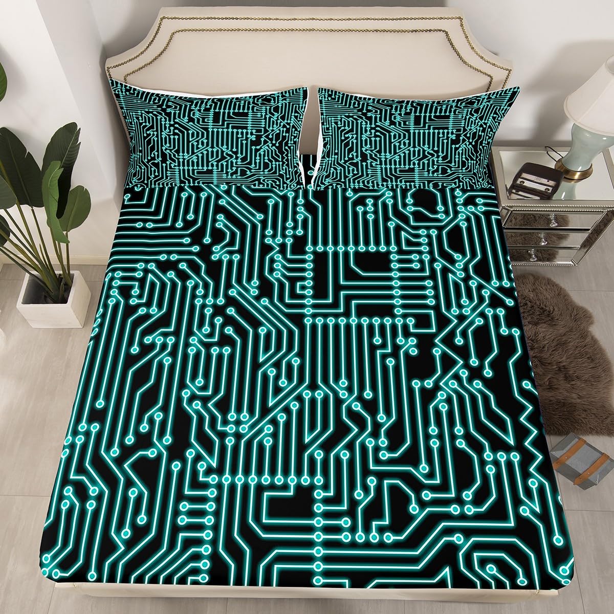 Erosebridal Circuit Board Fitted Sheet Queen Size, Science and Technology Bed Sheets for Kids Boys Teens Adult Bedroom, Print Chips Teal Bedding Set Stripe Sheets
