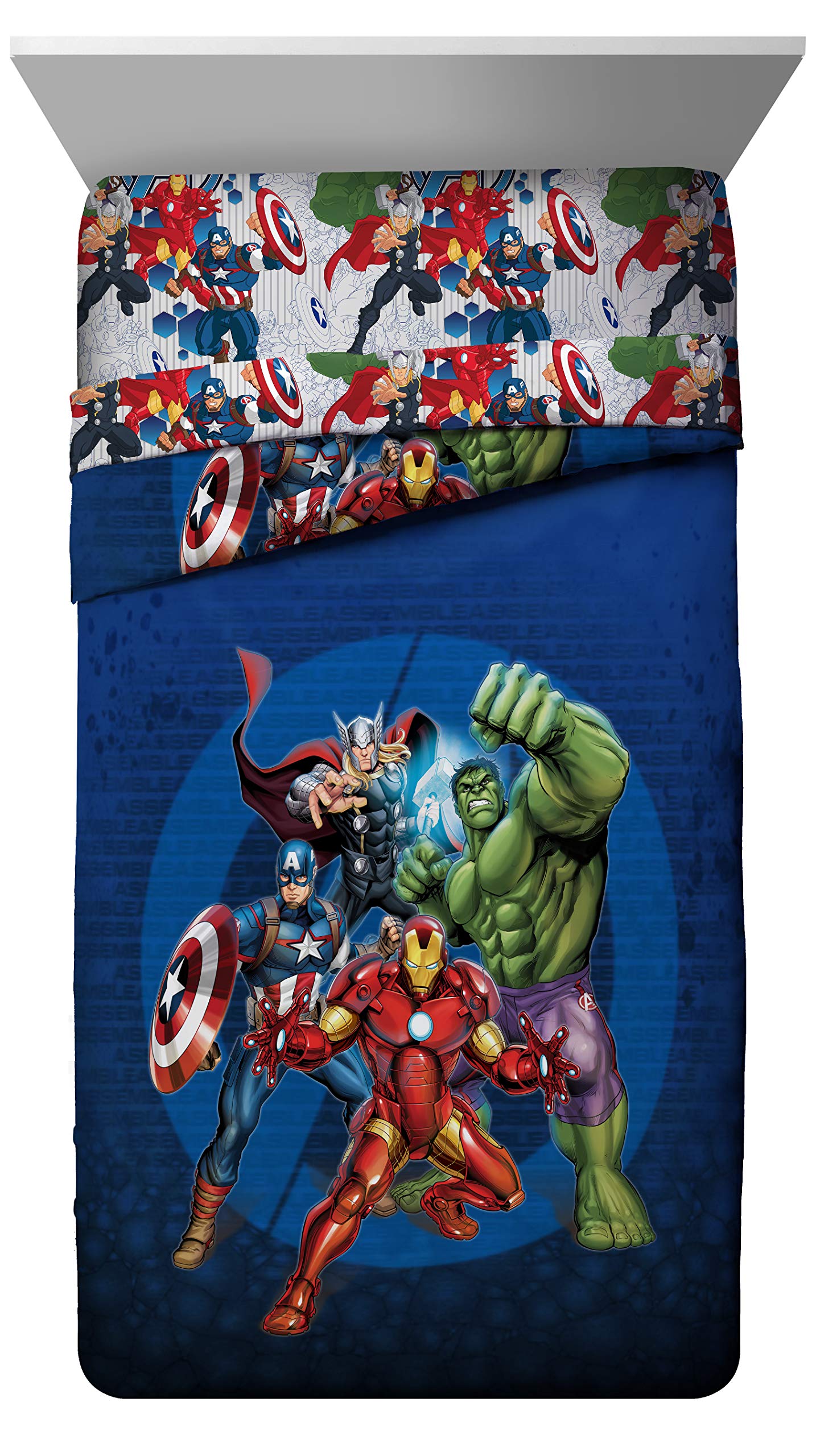 Marvel Avengers Blue Circle 5 Piece Full Bed Set - Includes Reversible Comforter & Sheet Set - Bedding Features Captain America & Iron Man - Fade Resistant Microfiber (Official Marvel Product)