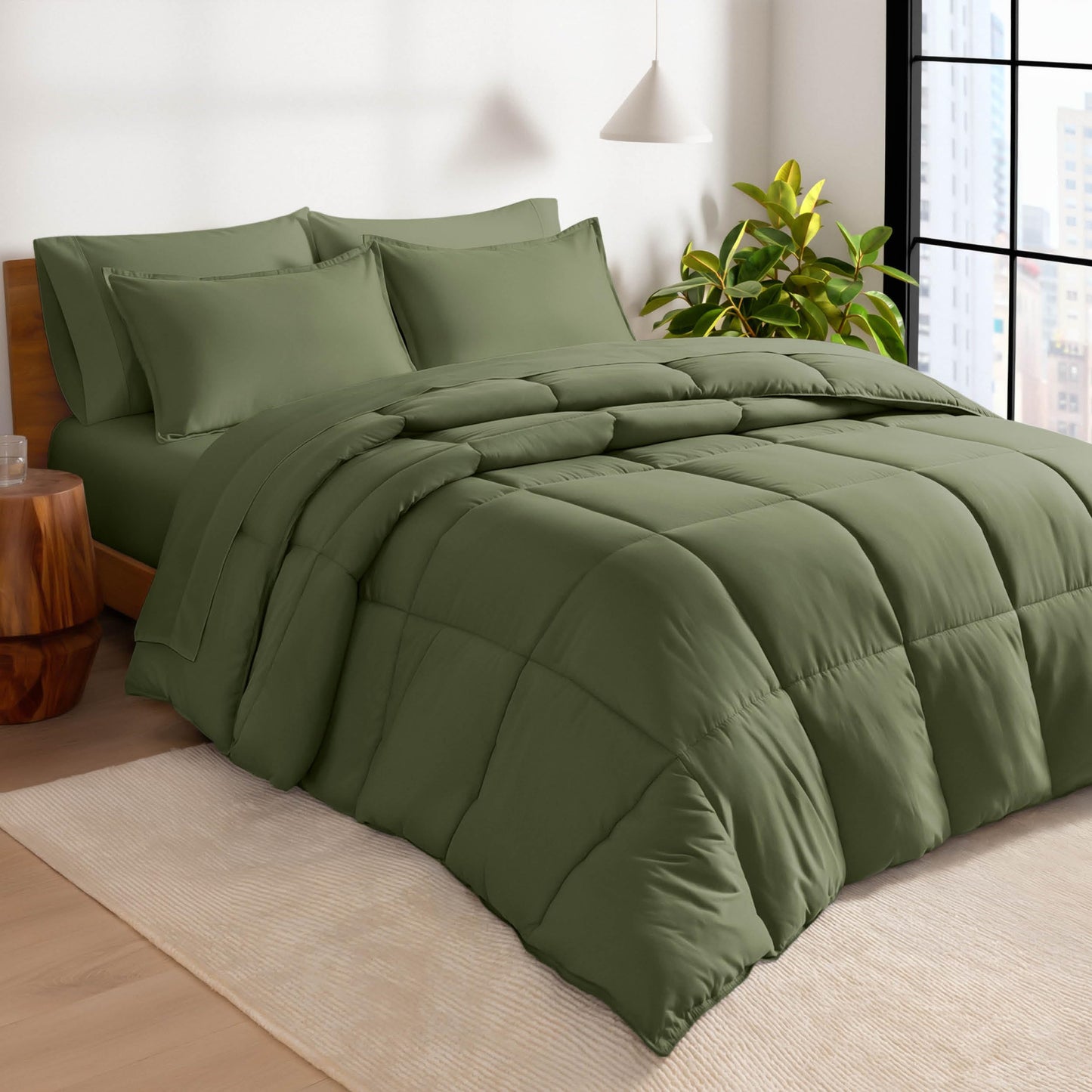 Bare Home Bed-in-A-Bag 7 Piece Comforter & Sheet Set - King - Goose Down Alternative - Ultra-Soft 1800 Premium - Bed Set (King, Cypress/Cypress)