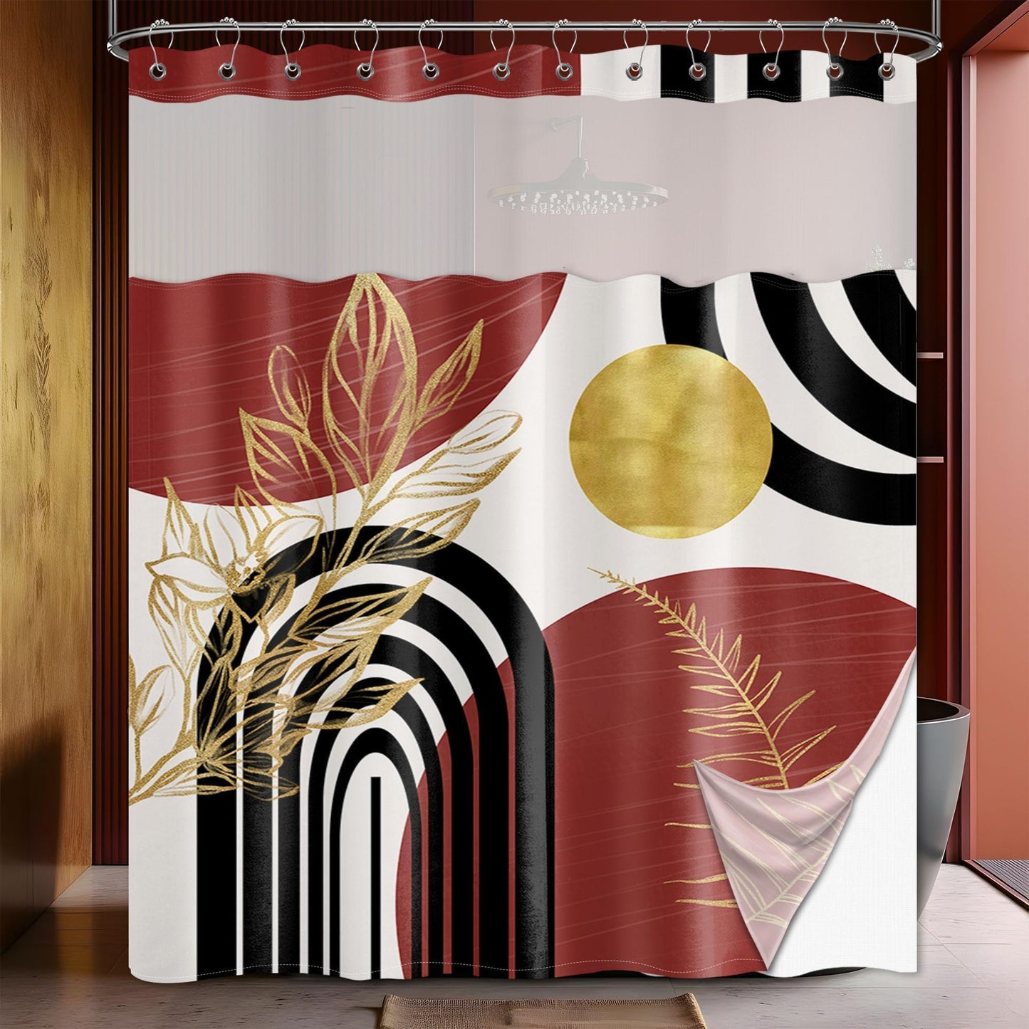 Bxpaitx Black and Red Boho See Through Mesh Top Shower Curtain with Window, Dark Red Mid Century Modern Mens Double Layer Shower Curtains with Snap in Liner, Waterproof Fabric with Hooks, 71x72 in