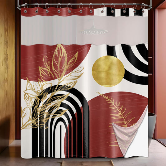 Bxpaitx Black and Red Boho See Through Mesh Top Shower Curtain with Window, Dark Red Mid Century Modern Mens Double Layer Shower Curtains with Snap in Liner, Waterproof Fabric with Hooks, 71x72 in