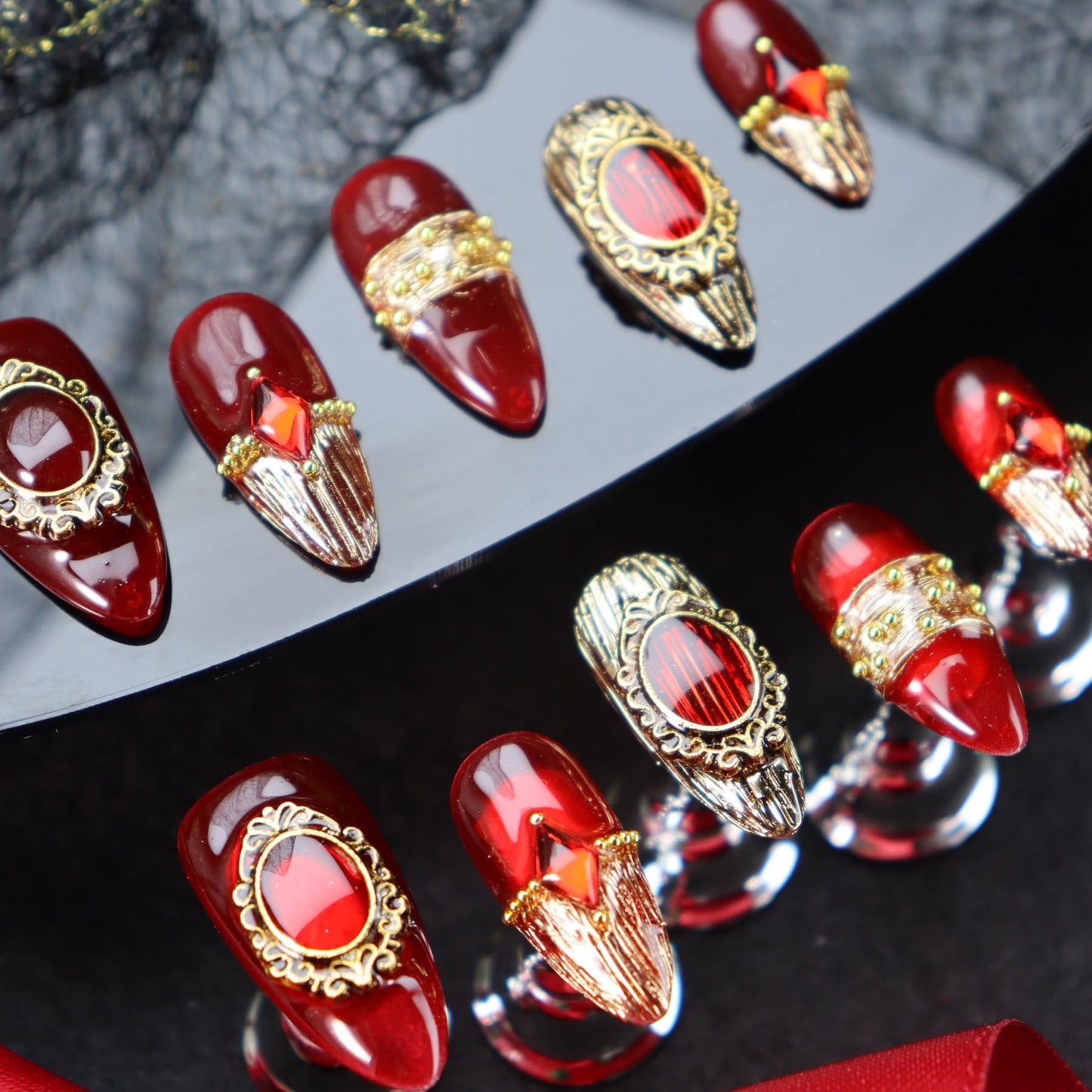 Red Press on Nails Retro Nail Art with Diamond Design Handmade Nails Press ons Gold Fake Nails Medium Almond Glue on Nail Reusable French Tip Stick on Nail for Women Girls Gorgeous Manicure (L)