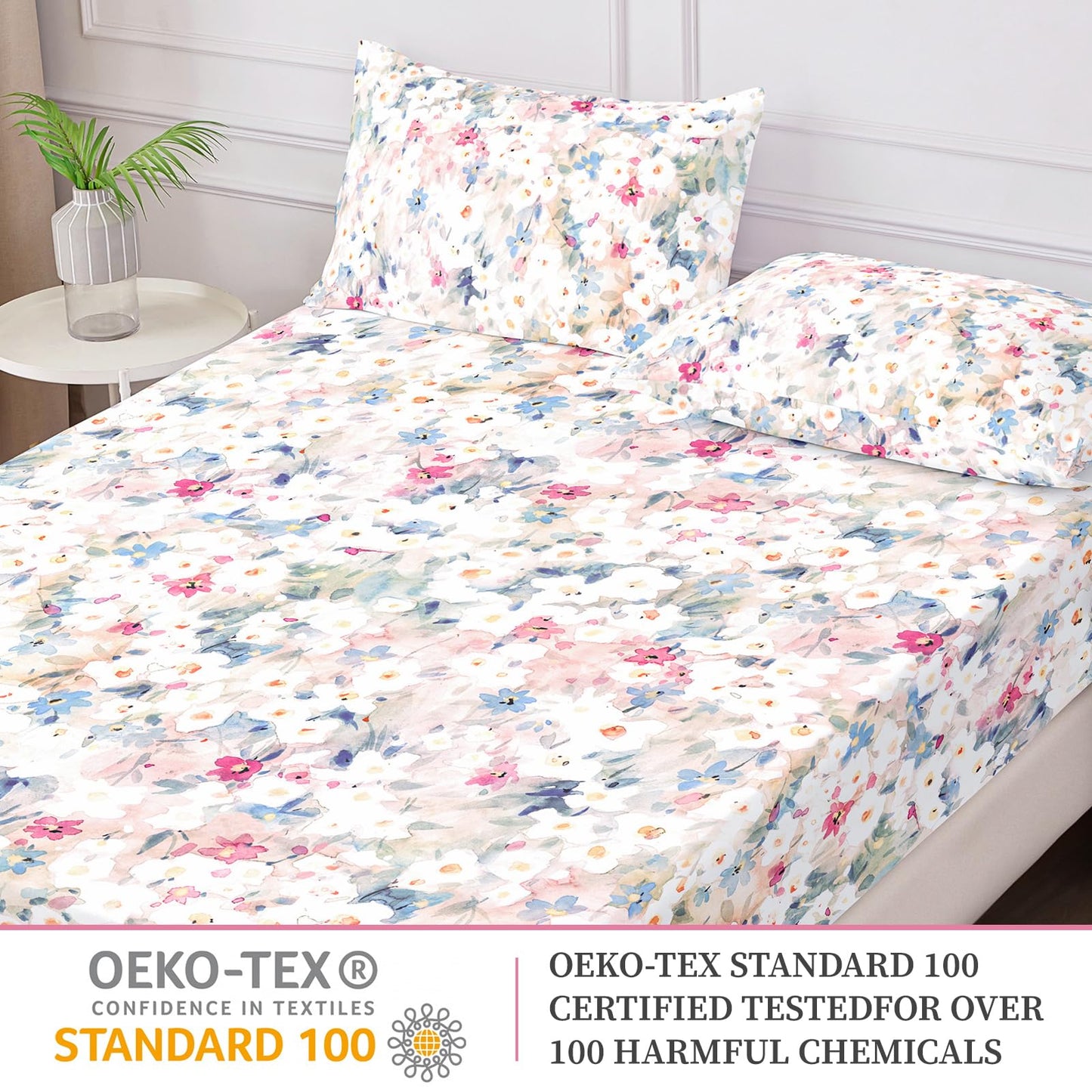 HCORA Floral Fitted Sheet with Pillow Cases, 100% Brushed Microfibre Deep Pocket Fitted Bottom Sheet, Ultra Soft, Shrinkage and Fade Resistant, Full Size