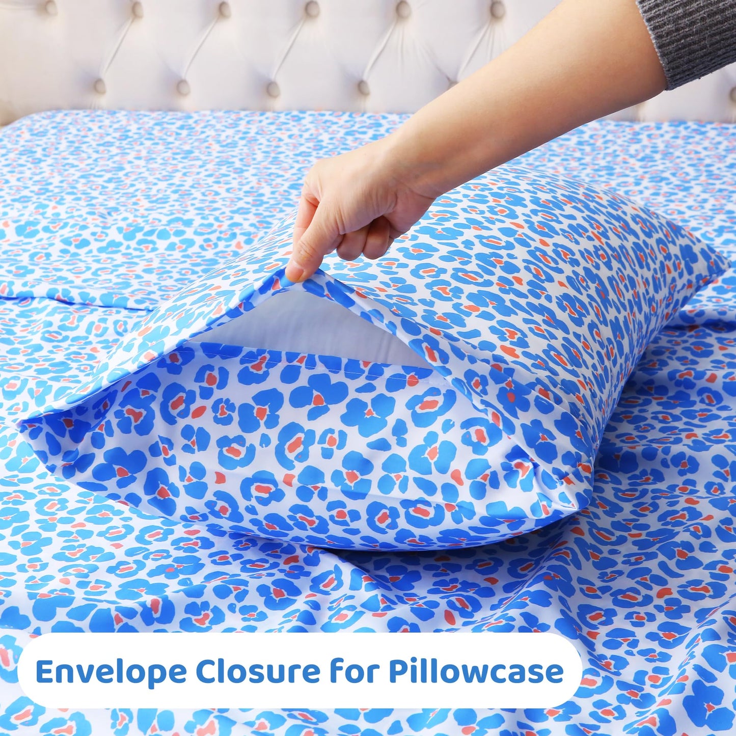 Mooreeke Leopard Cheetah Printed Queen Bed Sheets, Soft Microfiber Bedding Sheets & Pillowcases, Deep Pocket Non-Slip Fitted Queen Sheet, Blue Animal Pattern Bedsheets
