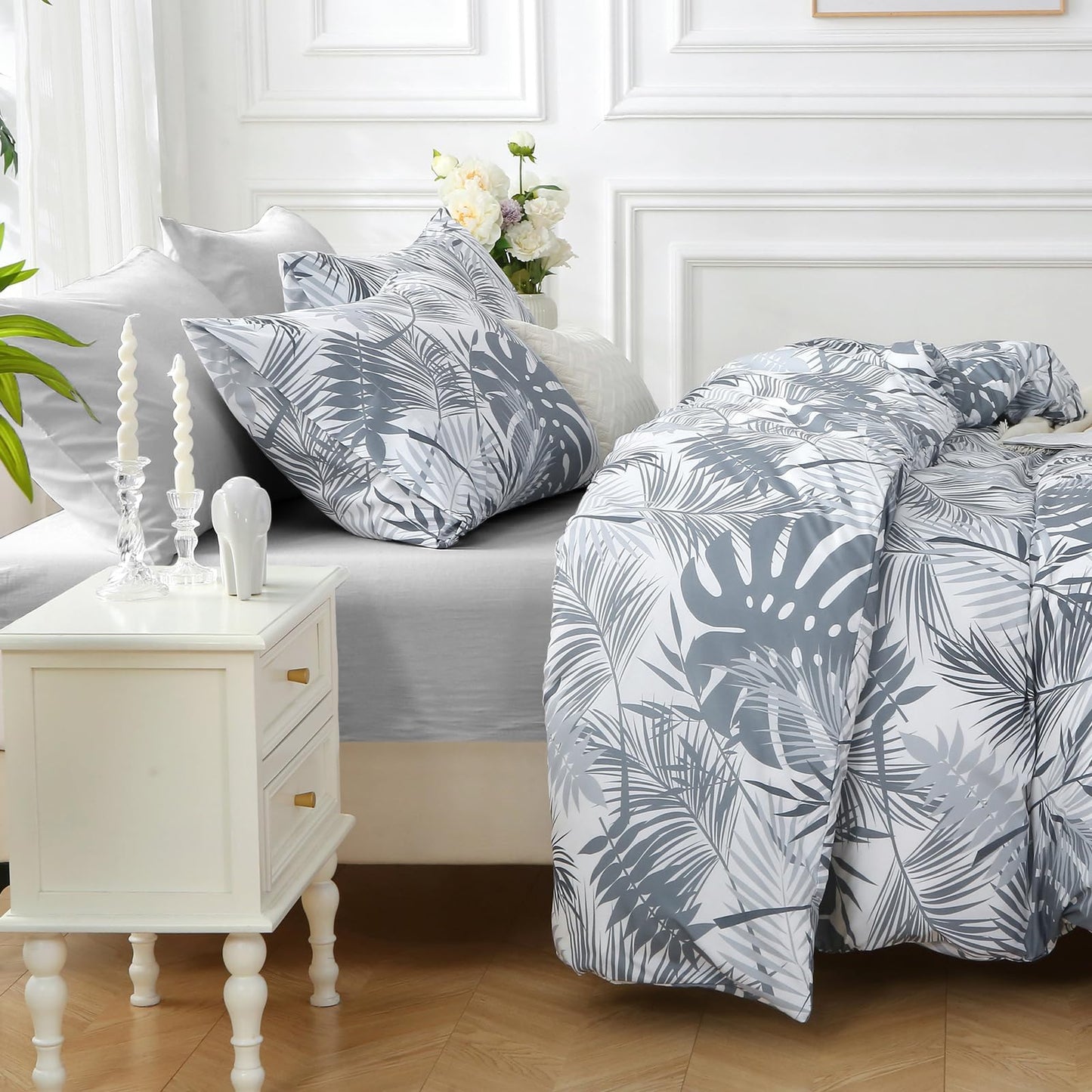 MUXHOMO Black&Grey Bed in a Bag King 7 Pieces, King Comforter Set Reversible Botanical Flowers Design, Ultra Soft & Breathable Bedding Sets with Comforter, Sheets, Pillowcases & Shams