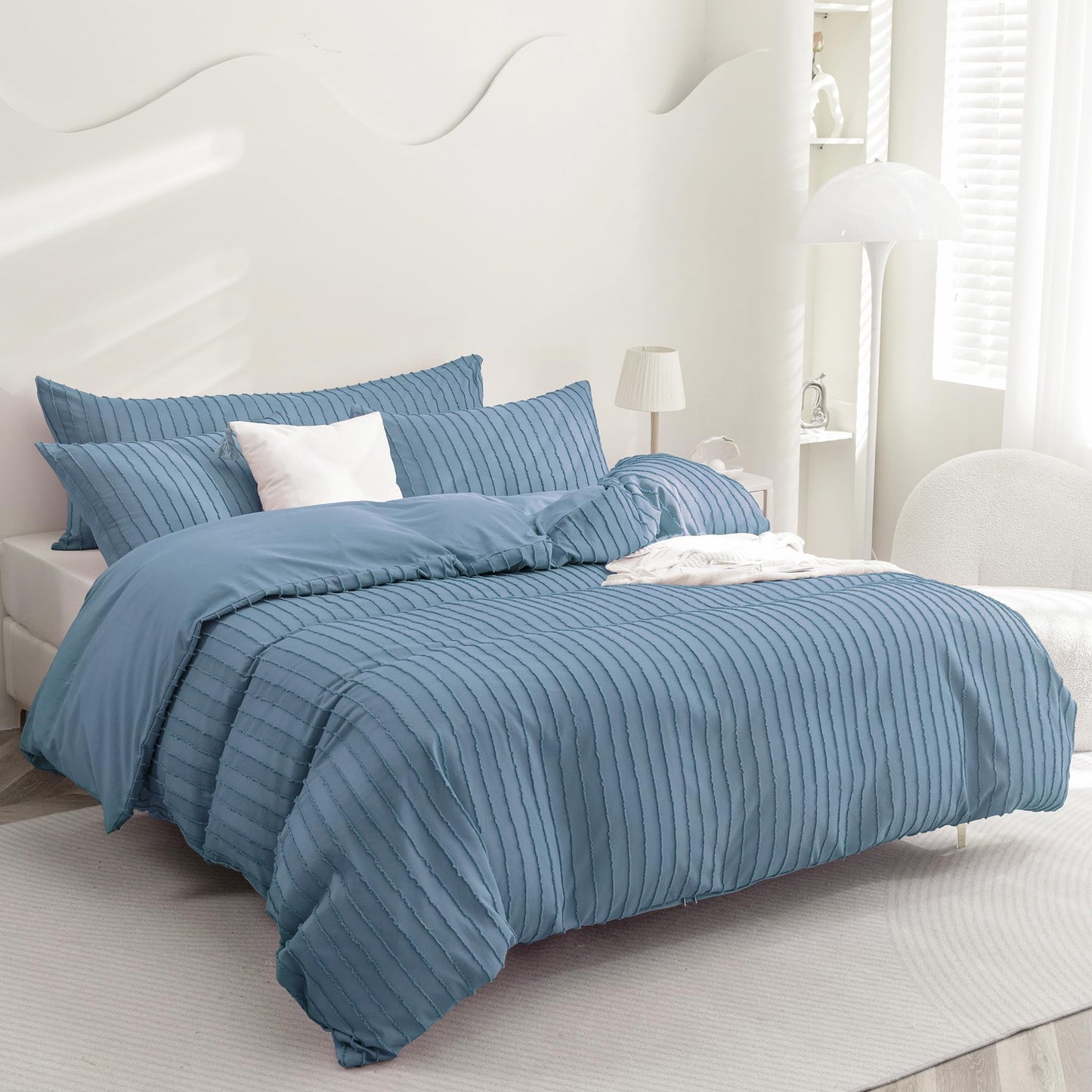 JELLYMONI Duvet Cover Full Size Blue - 3PCS Boho Striped Duvet Cover Set Polyester Tufted Bohemian Textured Comforter Cover with Corner Ties & Zipper Closure