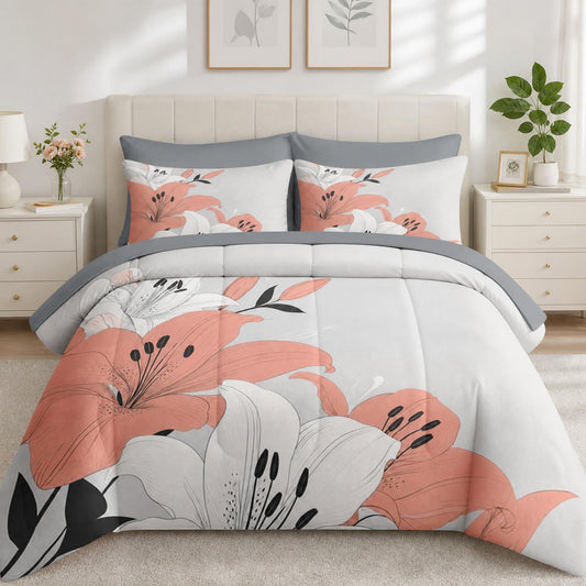Boewywh Comforter Set Twin Size Floral Flower Peach 7 Pcs, Bedding for Kids and Adults, Minimalist Botanical Bed Sheet Sets with Fitted Sheet 2 Pillowcases & 2 Shams for Bedroom Bed Decor