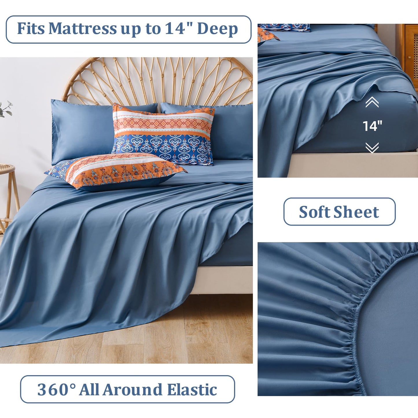 WONGS BEDDING Boho Comforter Set Queen, Blue and Orange Bedding Set 7 Pieces Bed in a Bag Bohemian Striped Bedding Comforter Sets Soft Microfiber Comfortet and Sheet Set for All Season