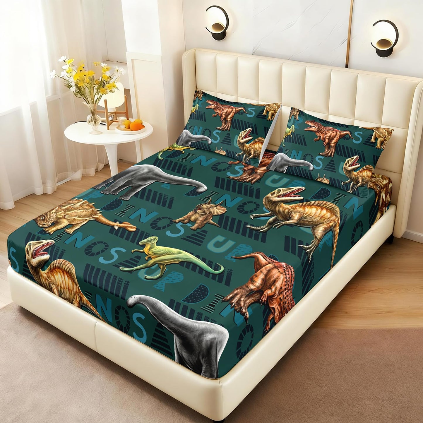 AILONEN 3D Dinosaur Fitted Sheet Twin XL Size, Cartoon Dinosaur Bedding Sets Bed Sheet Set,Green Theme Bedsheets Set 3 Pcs,1 Deep Pocket and 2 Pillowcases