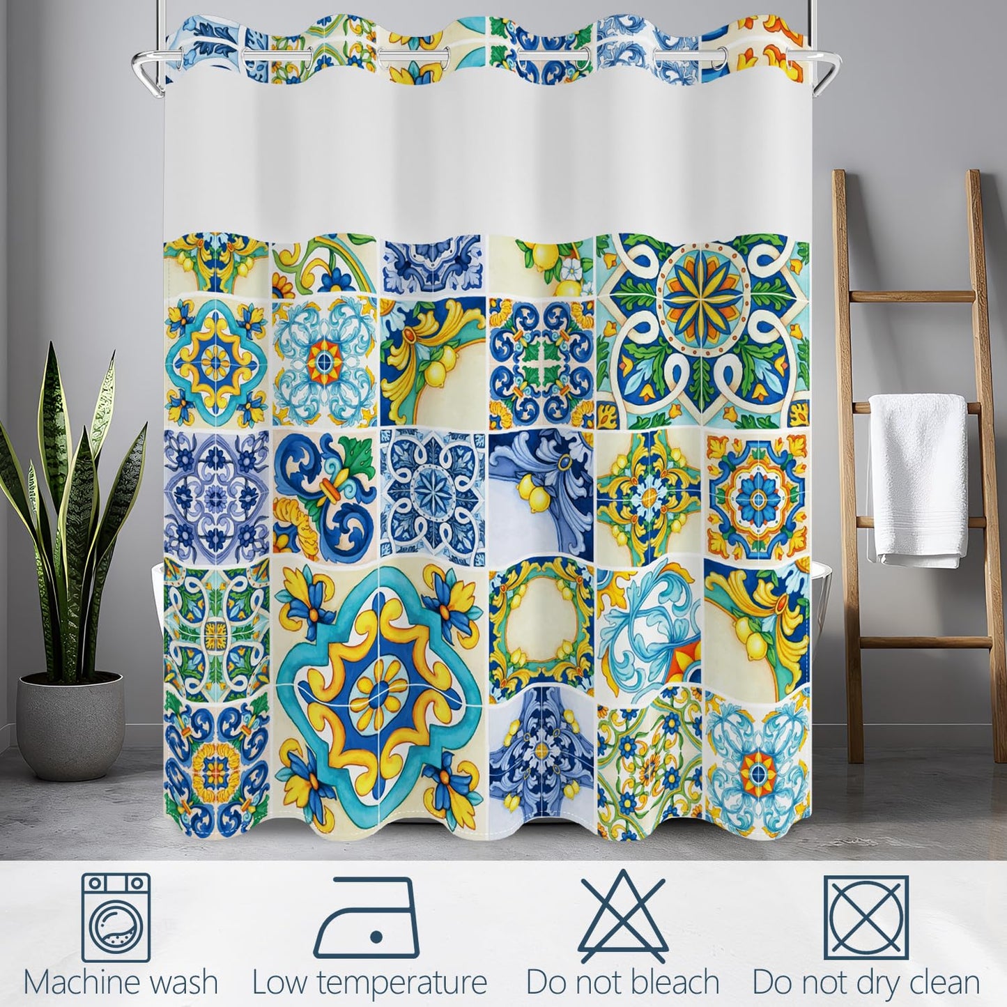 No Hook Shower Curtain with Snap in Fabric Liner Set, Waterproof & Washable, Boho Mediterranean Blue Yellow Lemon Floral Shower Curtains for Bathroom, Colorful Bathroom Curtain, House Gift, 71x74 inch