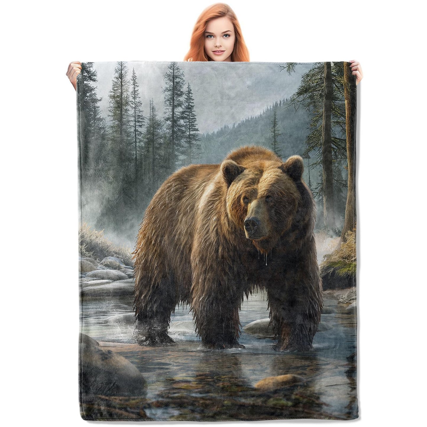 VANZEV Brown Bear in Misty Forest Flannel Blanket,Realistic Wildlife Soft Lightweight Throw Blankets Gifts for Women Nature Lovers,60" x 80" Perfect for Couch Bed Home Travel Decor