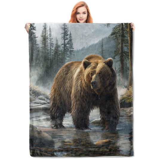 VANZEV Brown Bear in Misty Forest Flannel Blanket,Realistic Wildlife Soft Lightweight Throw Blankets Gifts for Women Nature Lovers,60" x 80" Perfect for Couch Bed Home Travel Decor