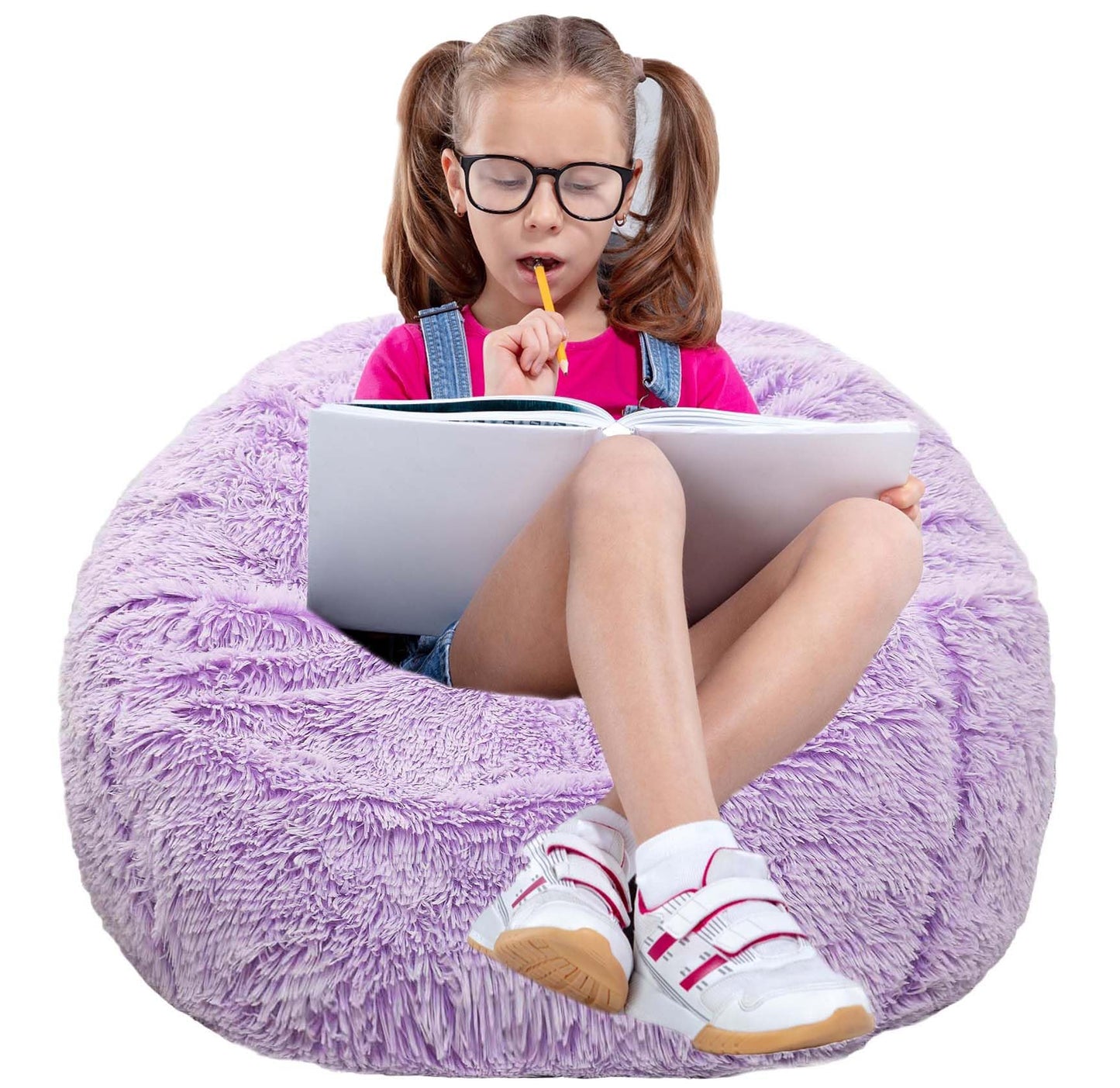 Fluffy Bean Bag Chair for Kids, 2.5FT Round Memory Foam Filled Bean Bag for Teens & Kids, Ultra Soft Faux Fur Fabric Bean Bag Chairs for Playroom, Living Room, Bedroom, Lavender