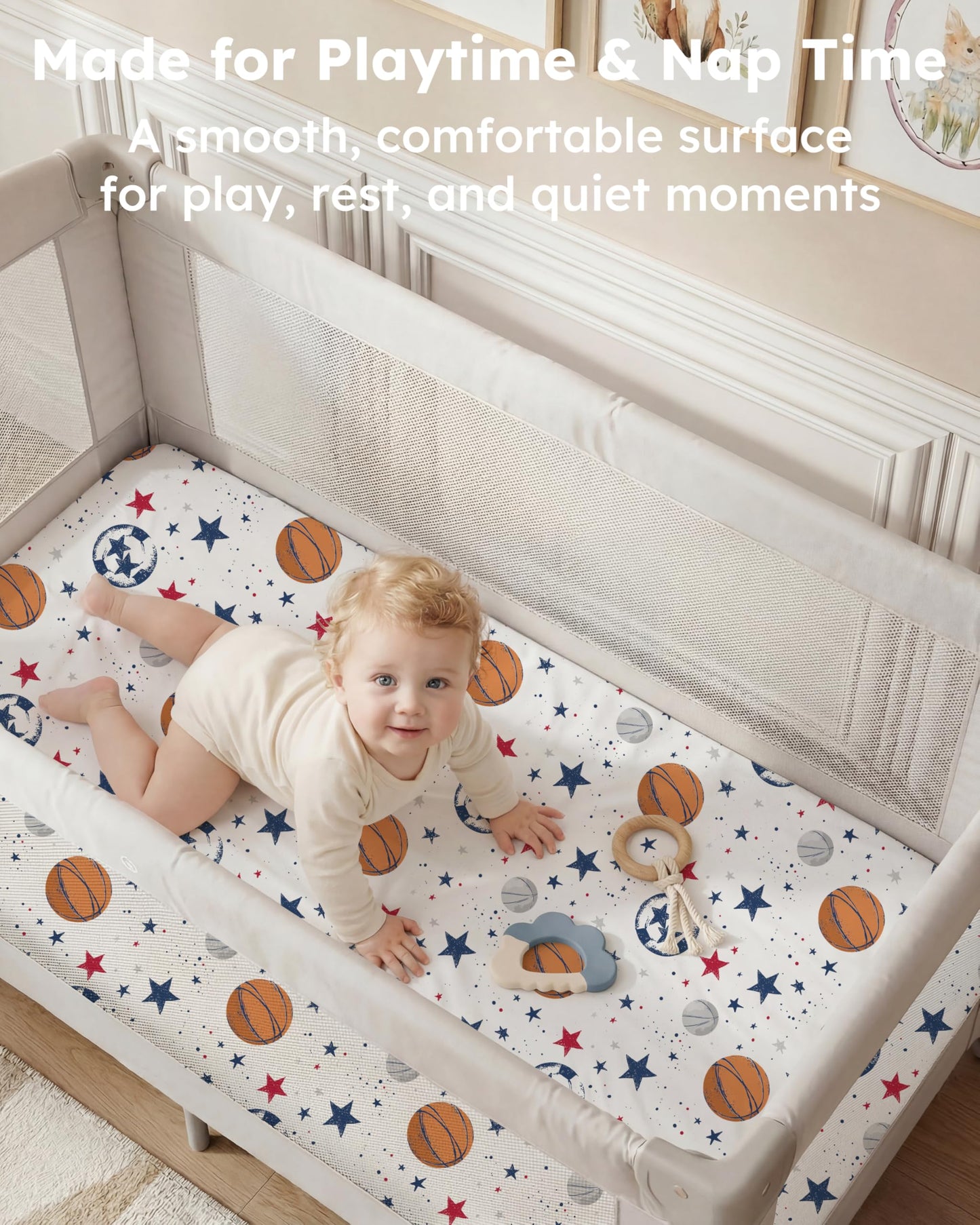 Nyessmee Pack and Play Sheets for Boys Girls, 38" x 26" Mini Crib Sheets Fitted for Pack n Play Mattress, Soft Breathable Playard Sheets, 2-Pack Blue Basketball