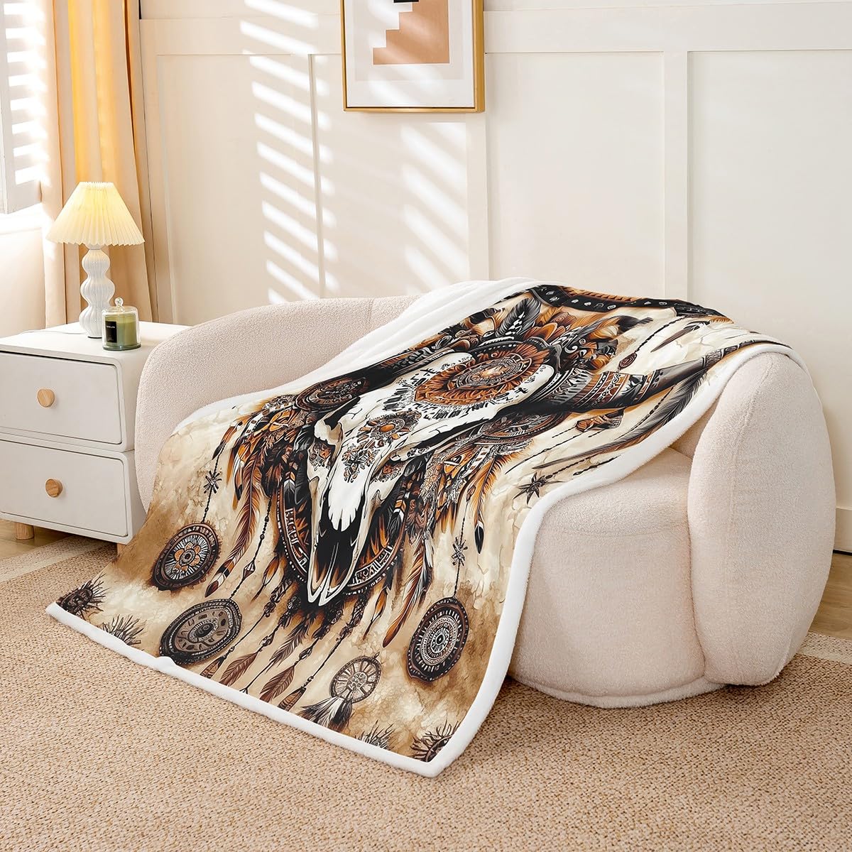 Longhorn Skull Fleece Blanket Gothic Sherpa Blanket 90"x90", Ethnic Tribal Southwestern Western Exotic Native American Fuzzy Plush Throw