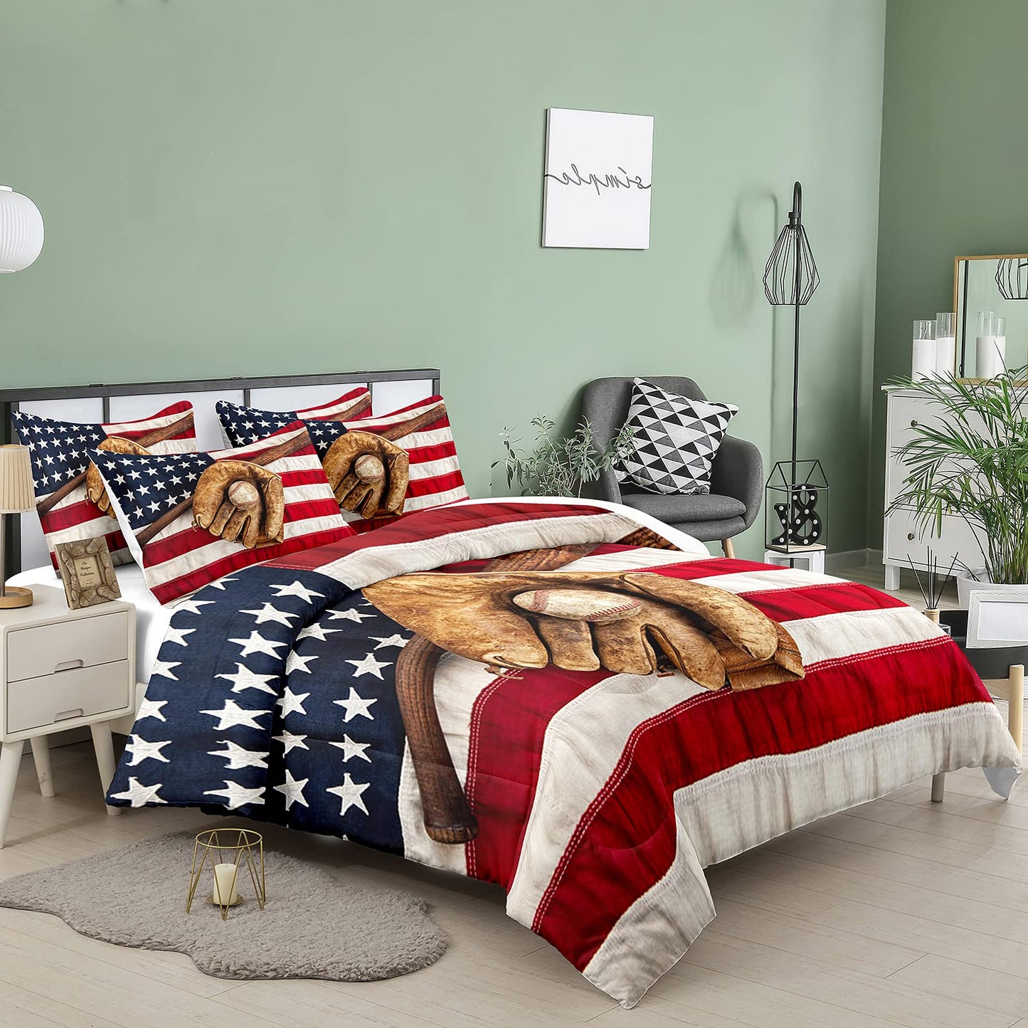 Bodhi Boys Sports Bedding Set - Queen Size, Baseball & American Flag Comforter Set with Pillowcases