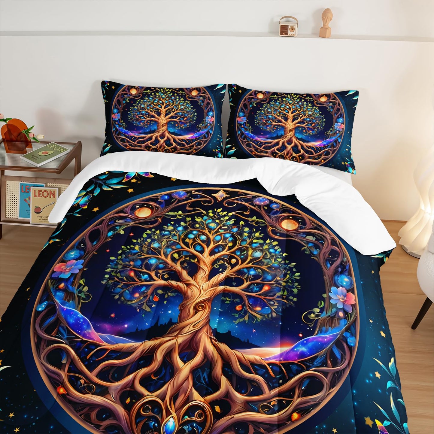 HOSIMA Tree of Life Boys Queen Size Bedding Set,Tree of Life Surrounded by Butterflies Leaves Print Galaxy Comforter for Teenage Girl Room Decor,Fluffy Aesthetic Bedding with 2 Pillowcases.