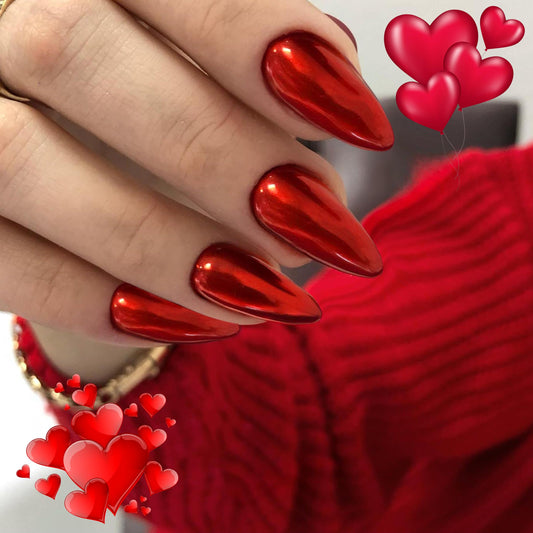 KQueenest Chrome Bright Red Press on Nails Almond Medium, Glazed Stiletto Fake Nails Medium, Metallic Acrylic Nails Press ons Mirror Effect, Sparkle Bling Glue on Nails for Women Summer Wear 24 Pcs