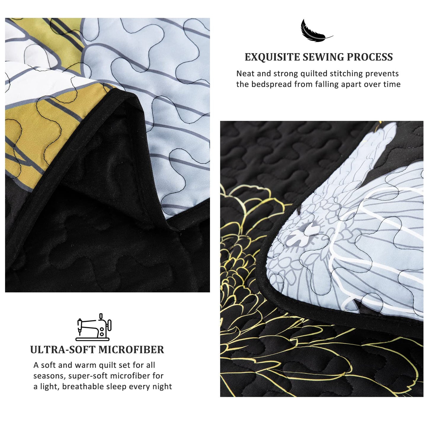 3 Pieces Yellow Floral Pattern Quilts Queen Size Coverlet Set - Lightweight Black Bedspread with 2 Pillowcases for All Season - Soft Microfiber Reversible Bedding Quilt Set (Yellow/Black, 96''x90'')