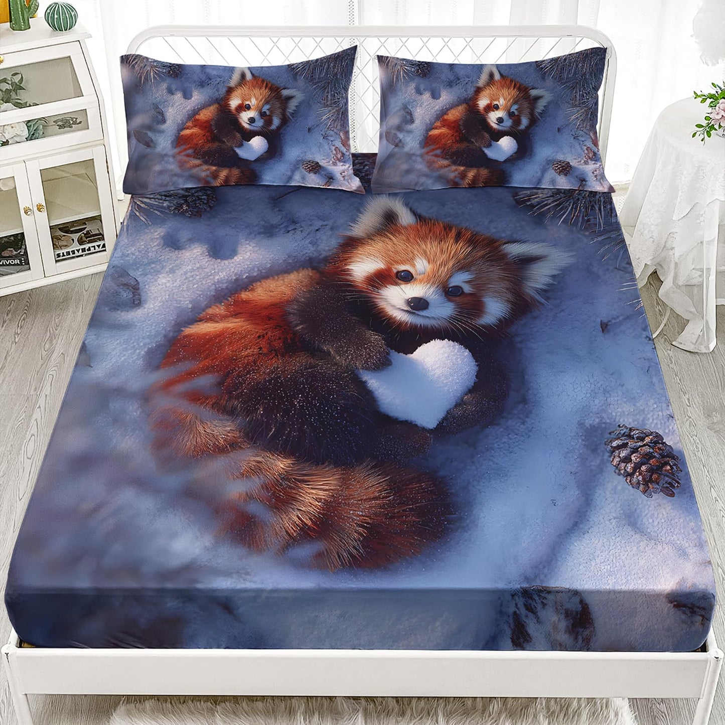 AILONEN Red Panda Fitted Sheet Set Full Size,Kawaii Forest Red Panda Deep Pocket Sheets with 2 Pillowcases,3-Piece Cute Winter Wild Animal Bed Sheet Set for Boys Girls