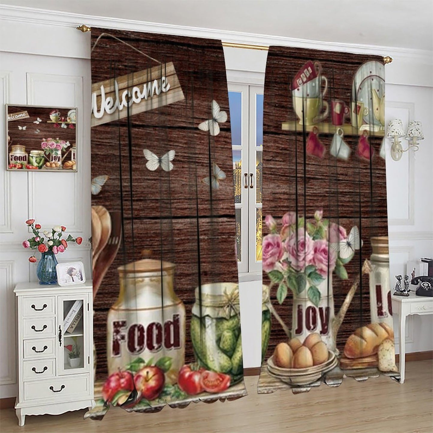 Farmhouse Vintage Curtains Rustic Retro Plank Tableware Ingredients and Fruits Wood Rod Pocket Window Treatments for Kitchen Living Dining Room Bedroom 2 Panel Set 41" x 45" (No Blackout)