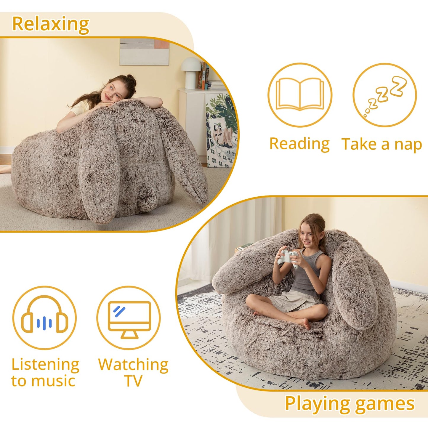 Achicsofar Bean Bag Chair for Adults Teens Giant Fluffy Plush Bean Bag Sofa with Filler Faux Fur Rabbit Shaped Beanbag Chairs Comfy Accent Floor Couch for Gaming, Reading in Bedroom, Living Room, Dorm