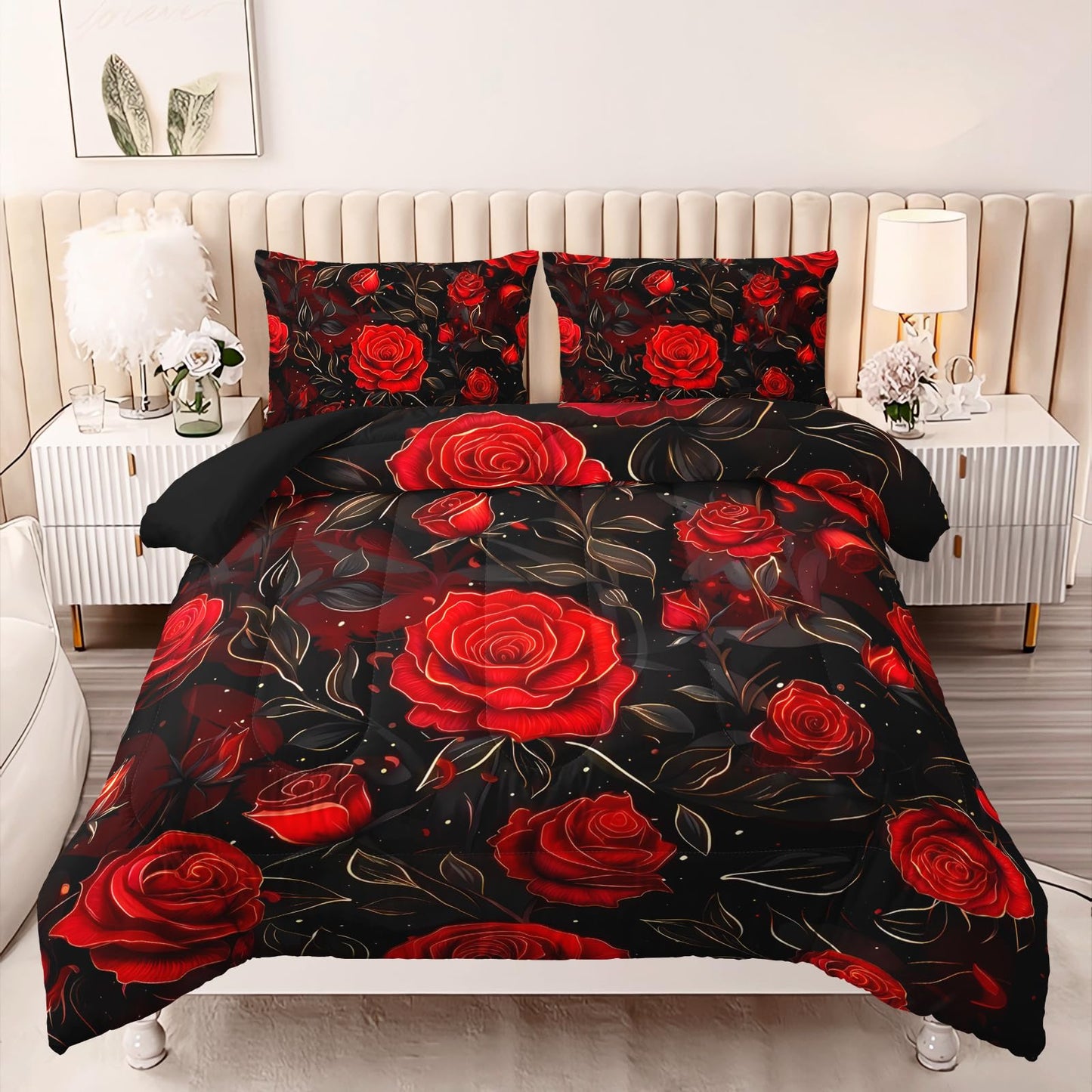 AILONEN Red Bloom Full Comforter Set 3 Piece, Black Botanical Bedding, Golden Leaf Romantic Flower Pattern, Teen Room, 2 Pillowcases