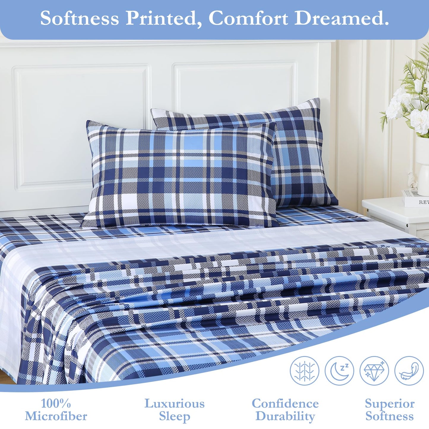 MICORAL Queen Sheet Set Blue Gingham Plaid, 4-Piece Brushed Microfiber Grid Bed Sheets, 16" Deep Pocket, Ultra Soft & Cooling Sheet, Oeko-TEX Certified, Blue