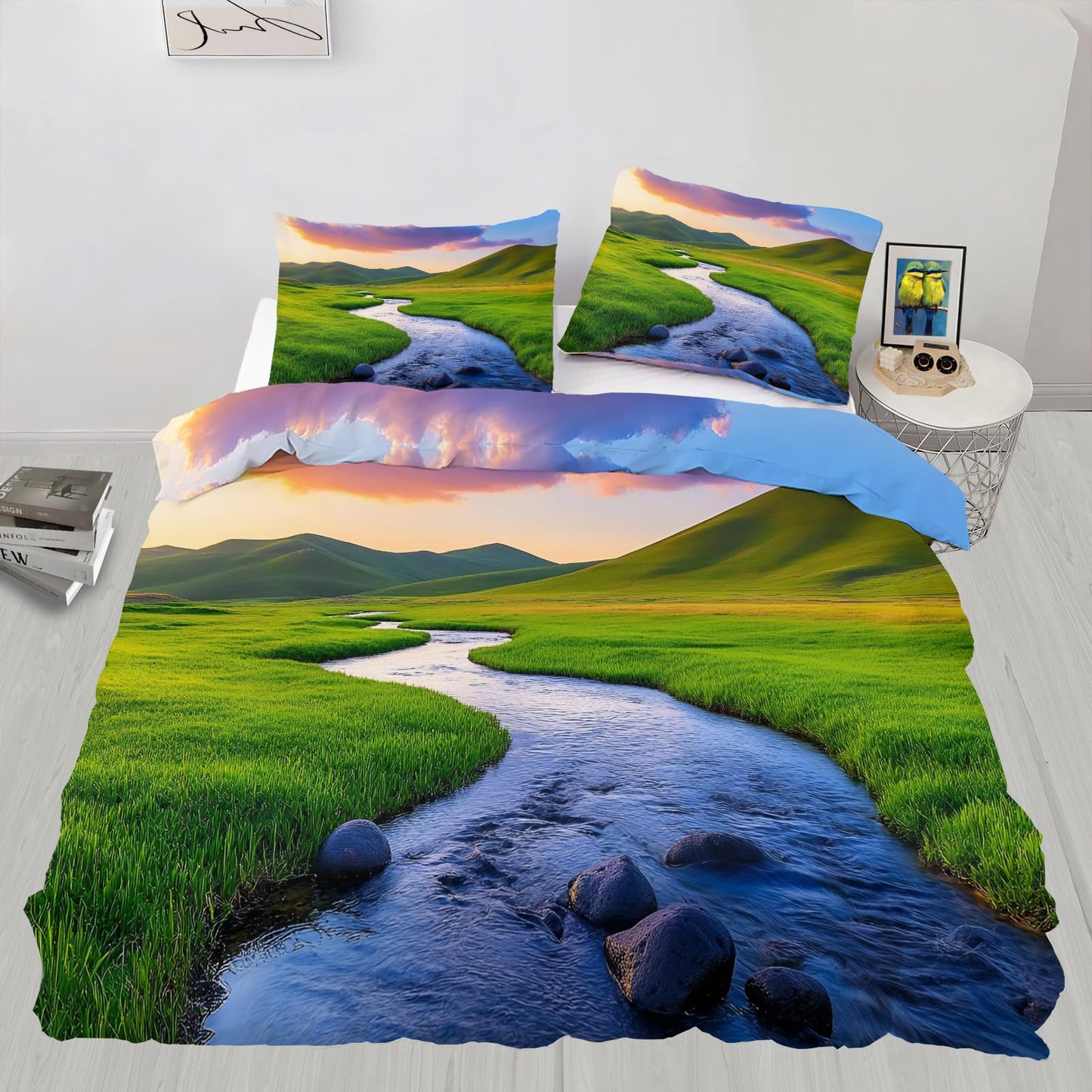 Grassland Comforter Cover 80" x 90", Green Prairie Bedding Full Size, Spring Landscape Duvet Cover with 2 Pillowcases