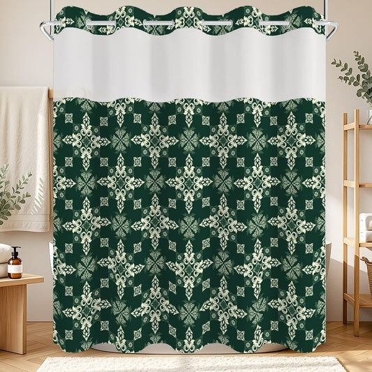 NAEMBCU Green Damask No Hook Shower Curtain with Snap in Liner Set 71x74in