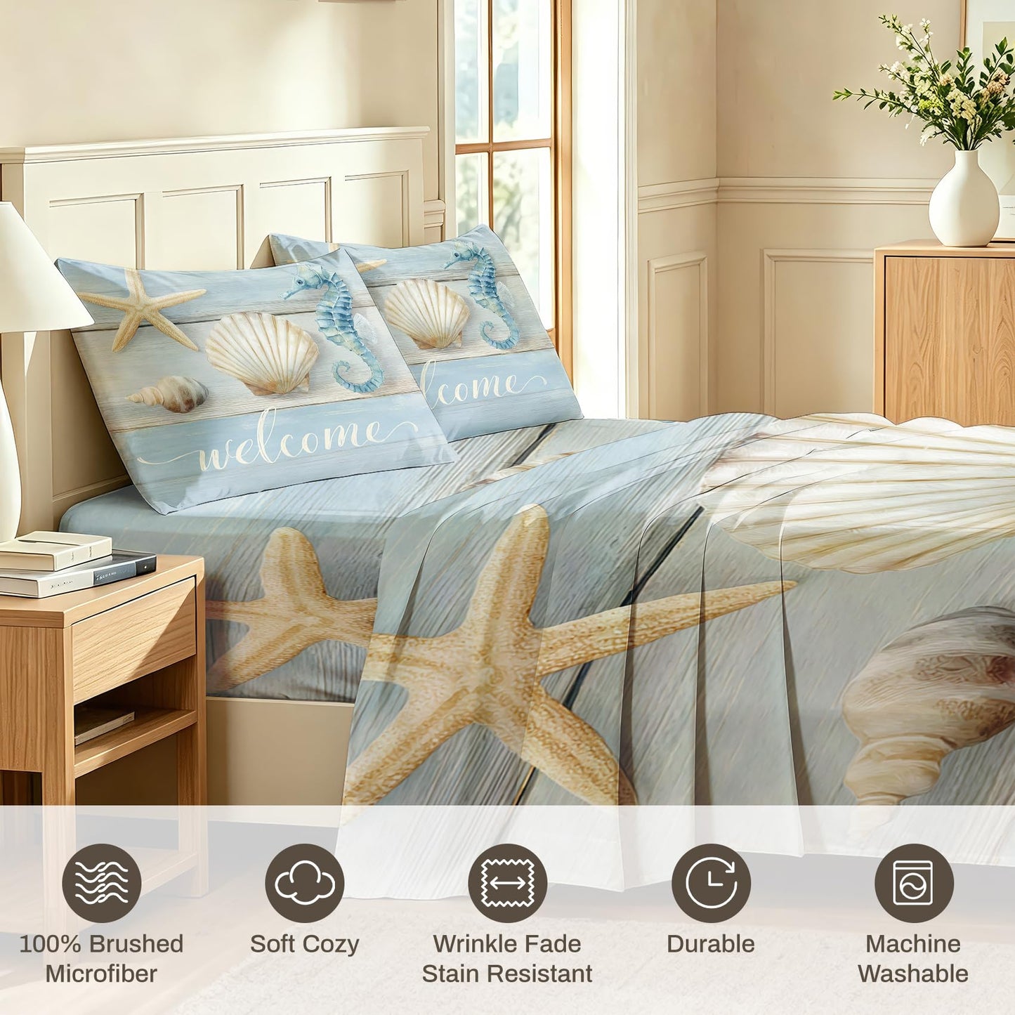 Seahorse and Shell Queen Sheet Set 4 Pcs Rustic Wooden Bed Sheets