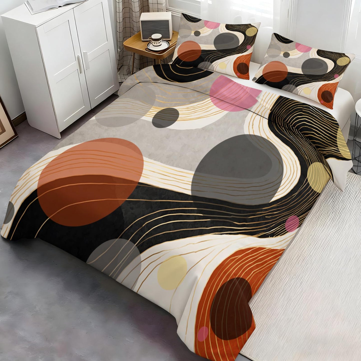ZAOMIR Geometric Abstract Duvet Cover Queen Size for Teen Women Adult, Modern Geometric Line Bedding Set 3 Piece, Minimalist Mid Century Circle Patterned Comforter Cover with Zipper, 2 Pillowcases
