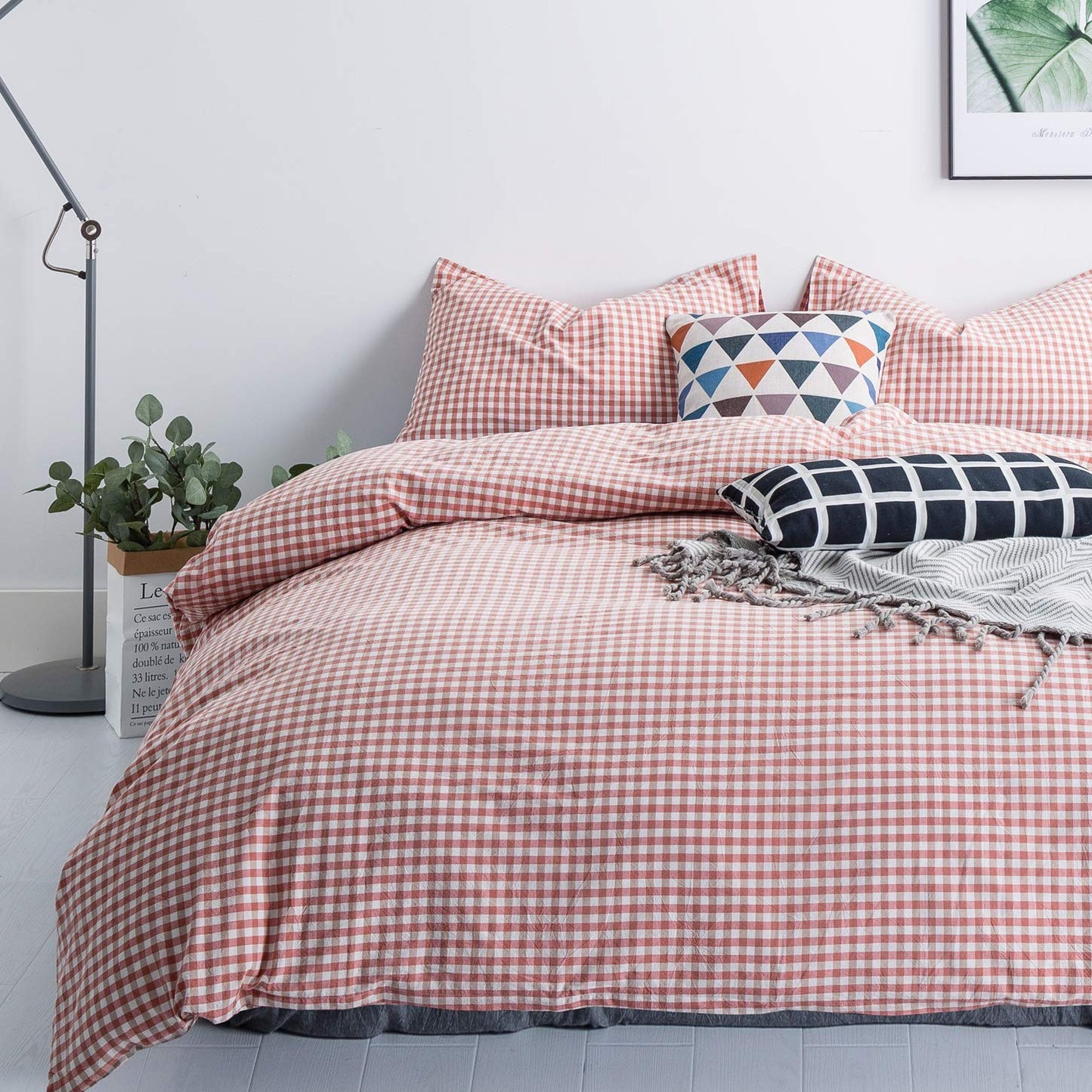 SUSYBAO Orange Gingham Plaid Duvet Cover Queen 100% Washed Cotton Coral Grid Duvet Cover Set 3 Pcs 1 Checkered Gingham Duvet Cover with Zipper Ties 2 Pillowcases Luxury Soft Orange Plaid Bedding Set