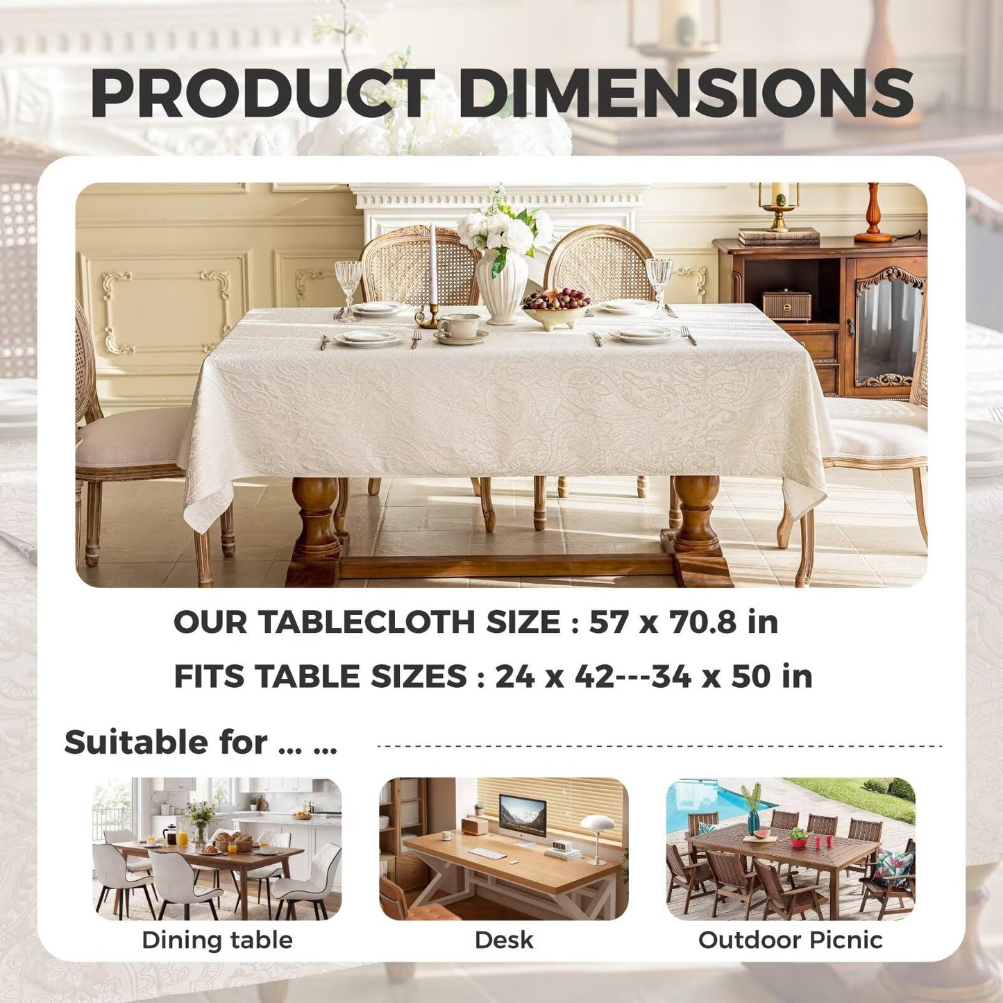 Jaysydd Jacquard Rectangle Tablecloth, Waterproof Elegant Damask Curly Floral Pattern Table Cloth, Washable Decorative Table Cover for Kitchen/Dining/Parties - Champagne, 57 x 70Inch