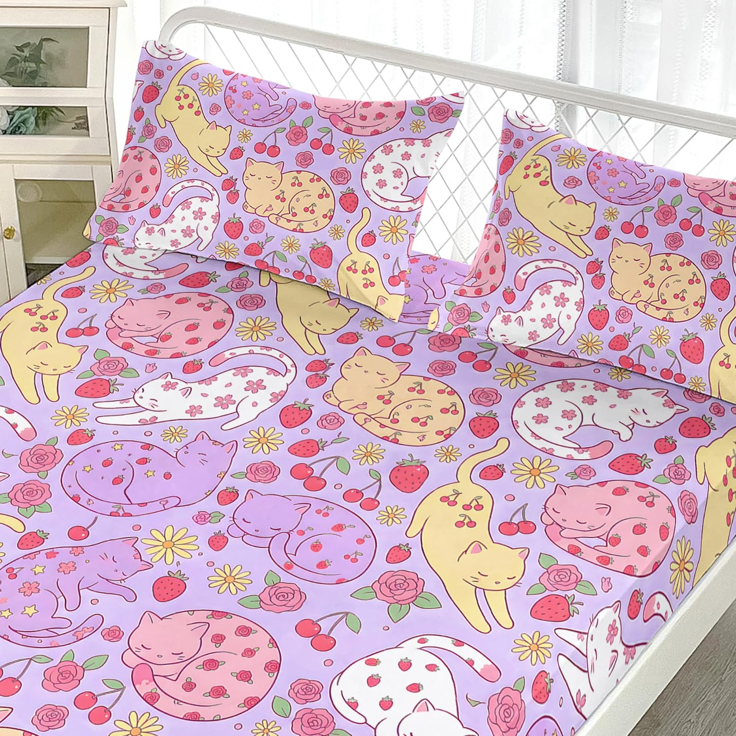 AILONEN Sleeping Cat Twin Fitted Sheet Set, 3 Piece Microfiber Bedding Pack with 2 Pillowcases, 16 Inch Deep Pocket, Purple Floral Room Style