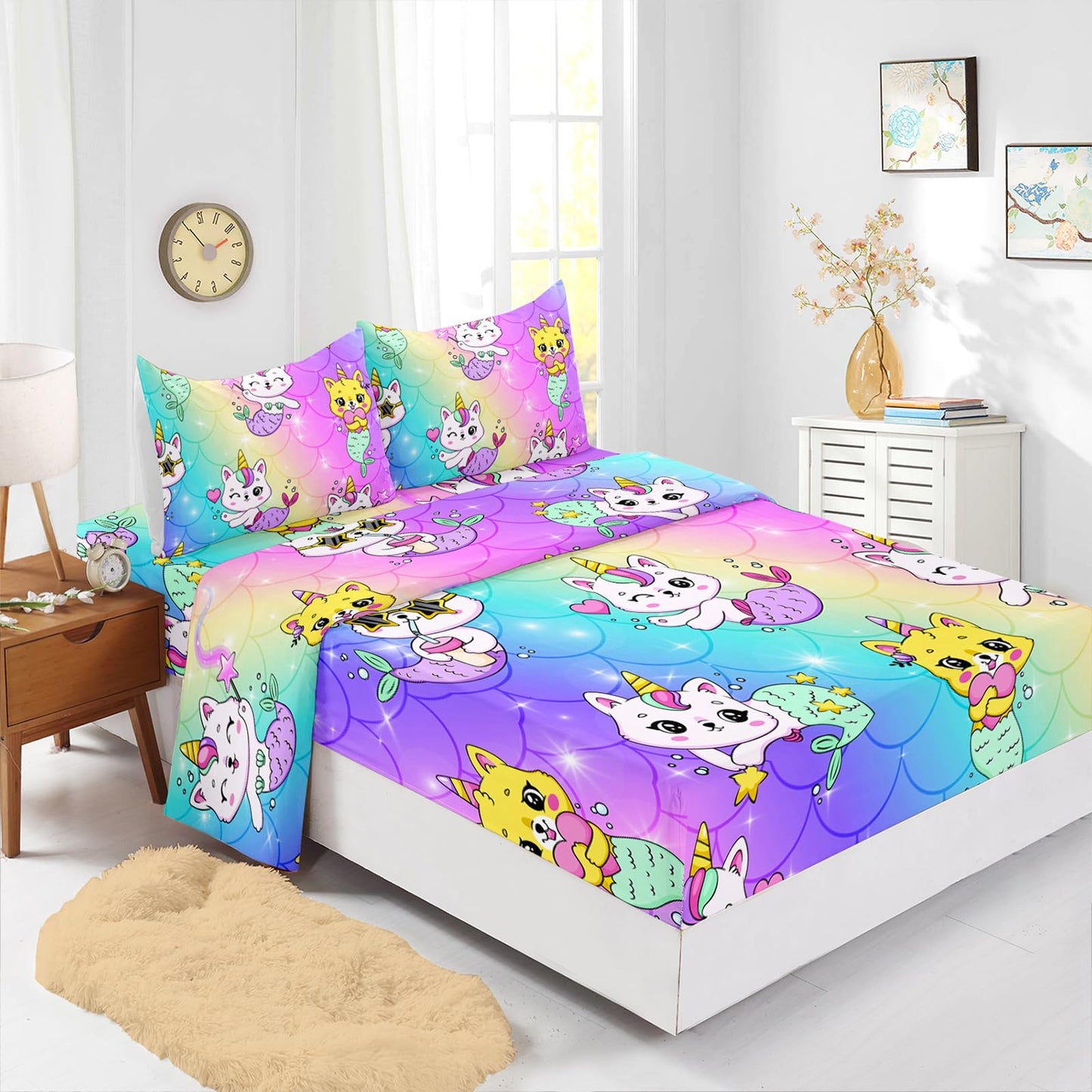 Axolotl Kawaii Unicorn Cat Sheets Set Twin,Rainbow Cartoon Cat Sheets Set,Mermaid Scales Bedding Set for Girls,Cats Bed Set,1 Flat Sheet 1 Fitted Sheet 2 Pillowcases,Pink Blue