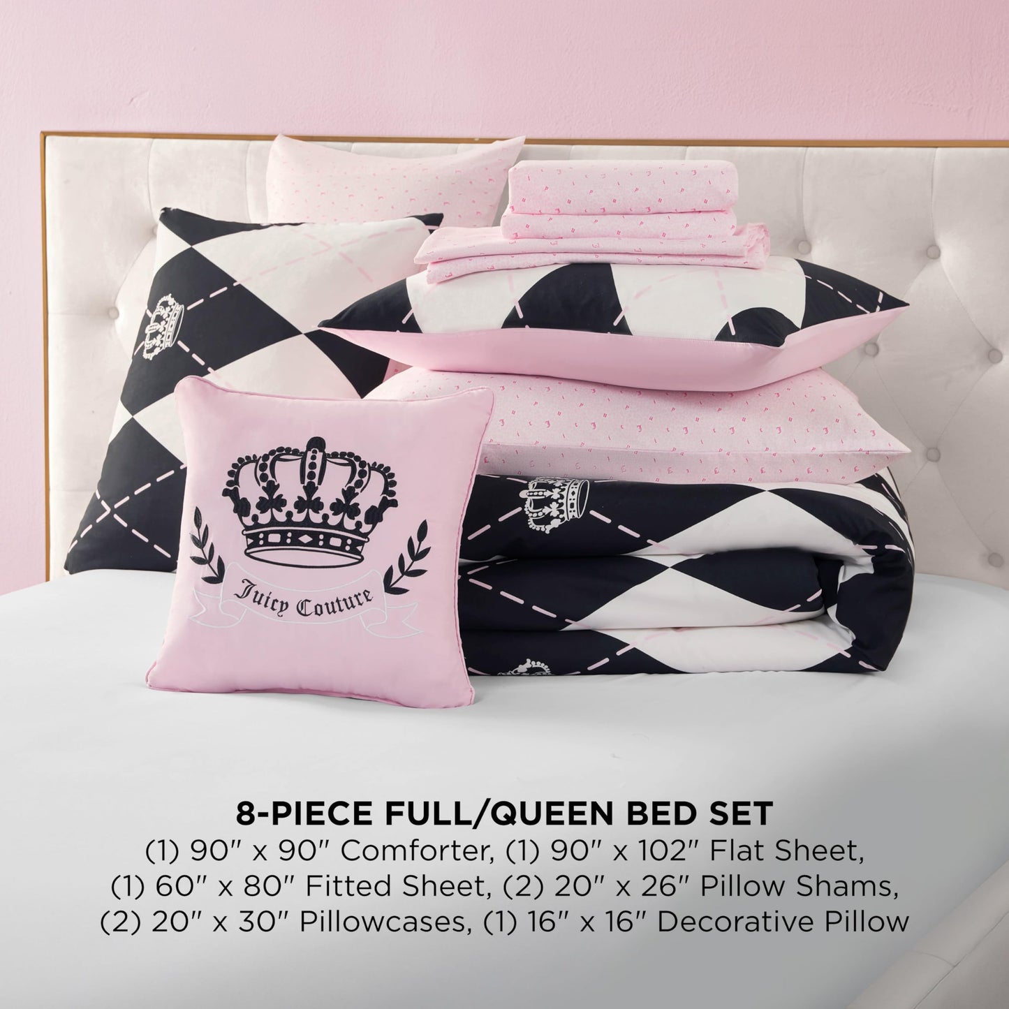 Juicy Couture Royal Argyle 8-Piece Reversible Bed in a Bag, Queen Designer Bedding Set