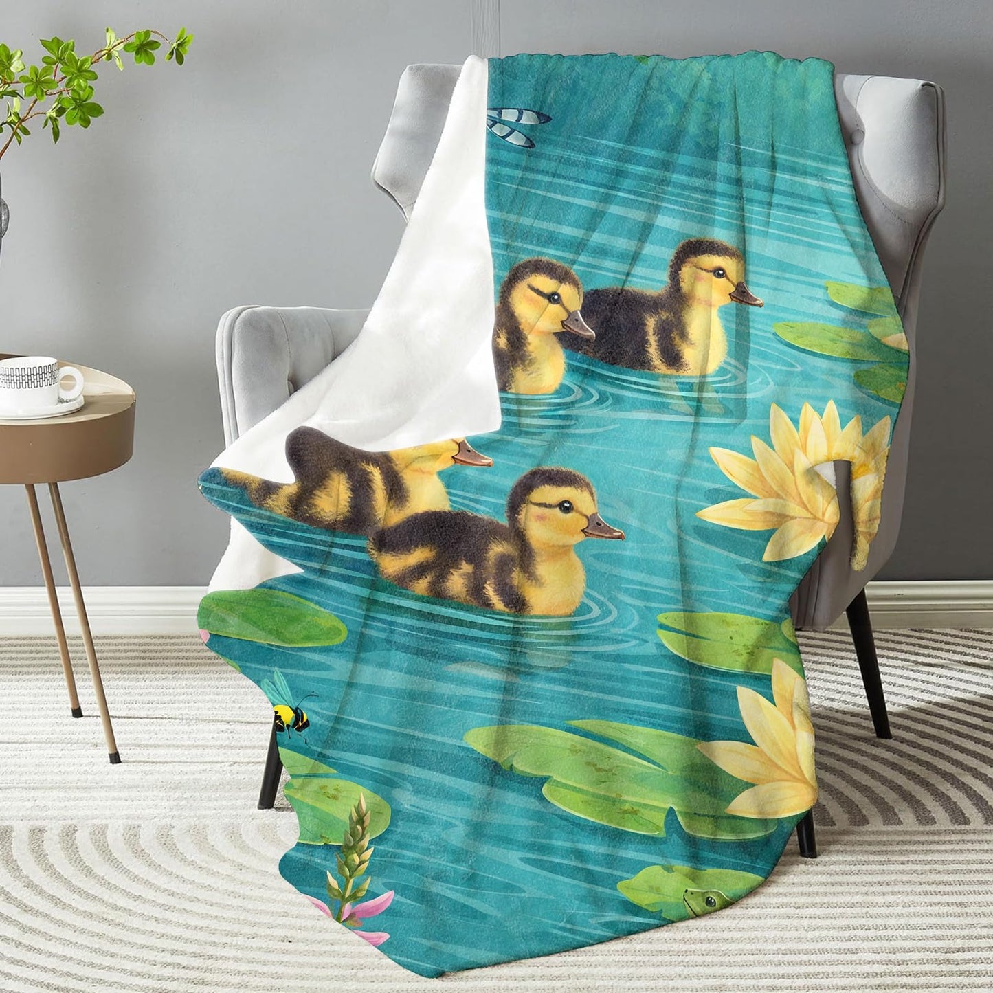 dhakalrlde Cute Duckling Pond Blanket, Soft Cartoon Ducks Water Lily Scene Throw Animal Blanket Gifts for Women Boys Girls Kids, Lightweight Warm Cozy 60×50 inch Flannel for Couch, Travel, Bed, Decor
