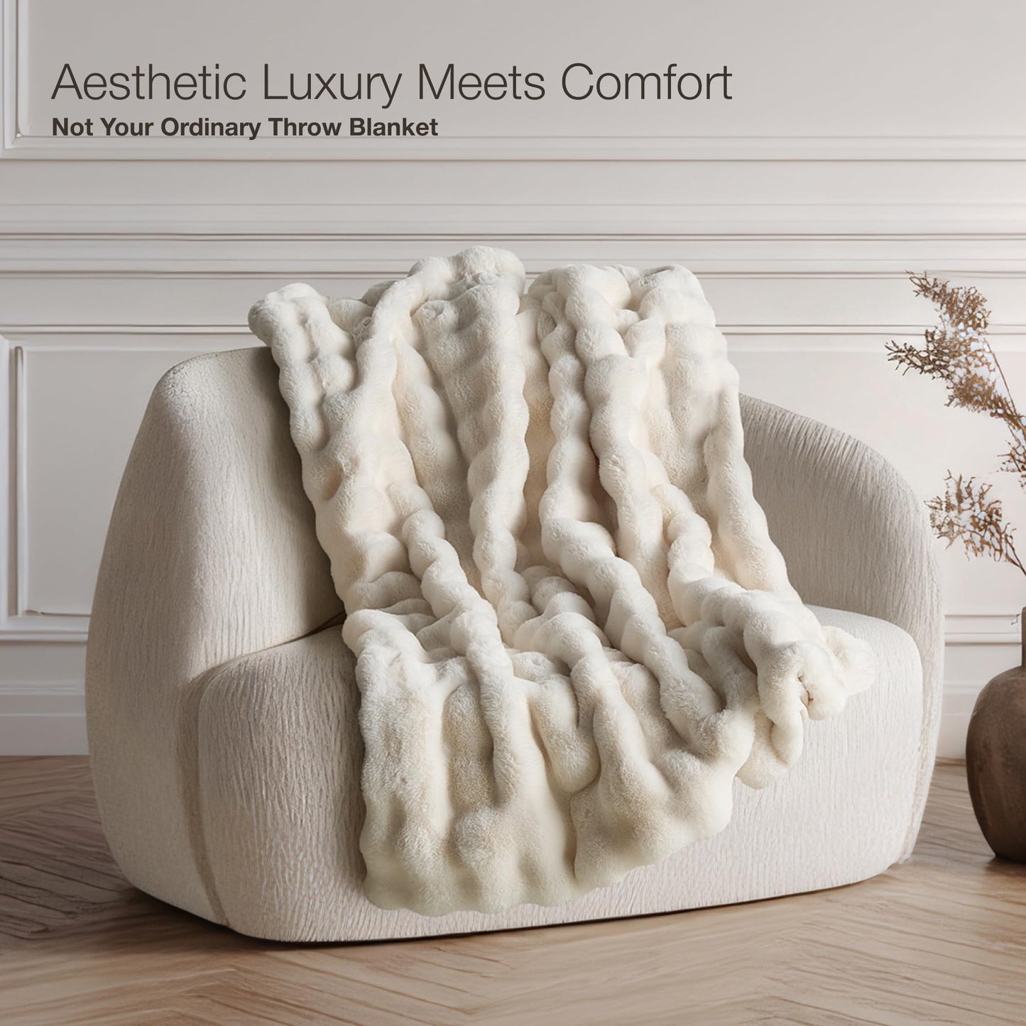 Luxury Ultra Soft Faux Fur Throw Blanket, 50x60 Inches Fluffy Plush Thick Bubble Blanket for Couch and Sofa, Premium Velvet Cozy Lola Fuzzy, 1000 GSM (Cream White)