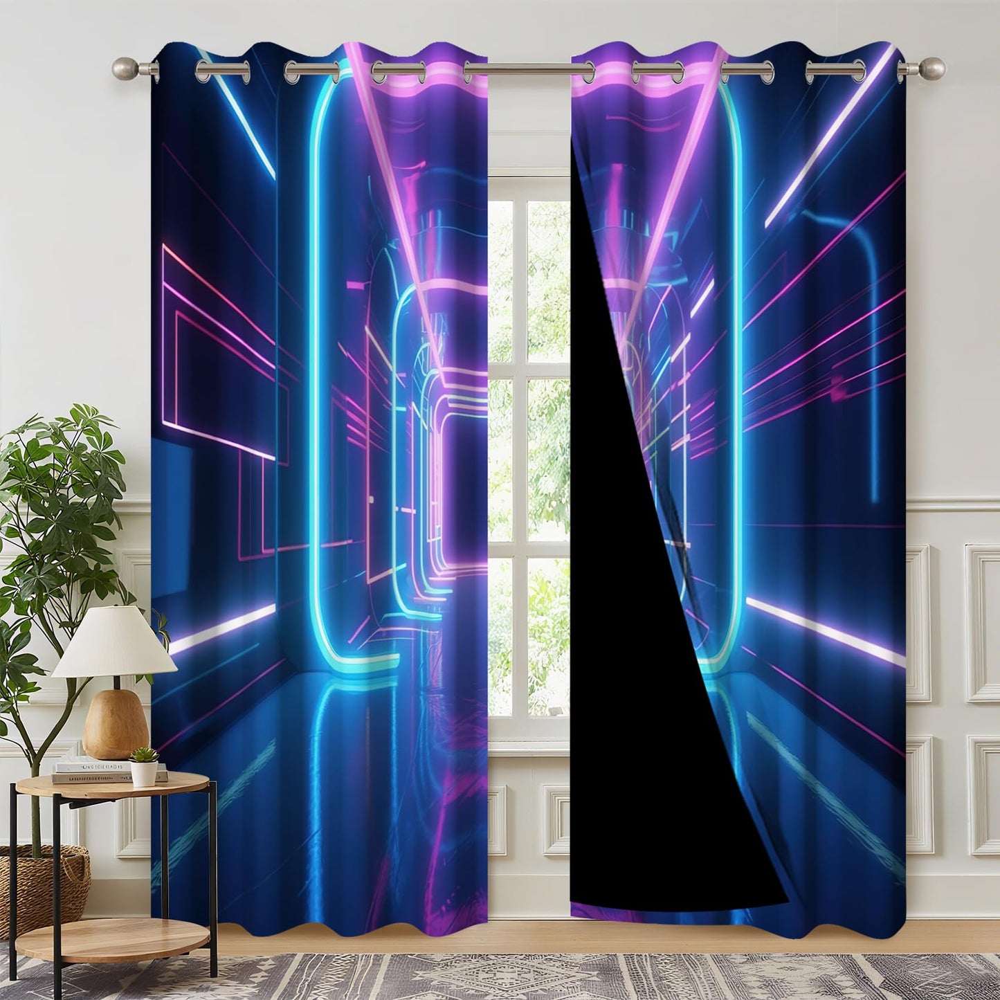 Kzzfqxb Gaming Blackout Curtains for Boys Bedroom, Science Fiction Time Tunnel Neon Light Curtains, Light Blocking Drapes for Living Room Decor with Grommets,2 Panels,Each W42 xL63