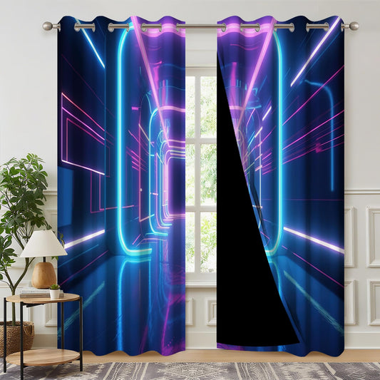 Kzzfqxb Gaming Blackout Curtains for Boys Bedroom, Science Fiction Time Tunnel Neon Light Curtains, Light Blocking Drapes for Living Room Decor with Grommets,2 Panels,Each W42 xL63