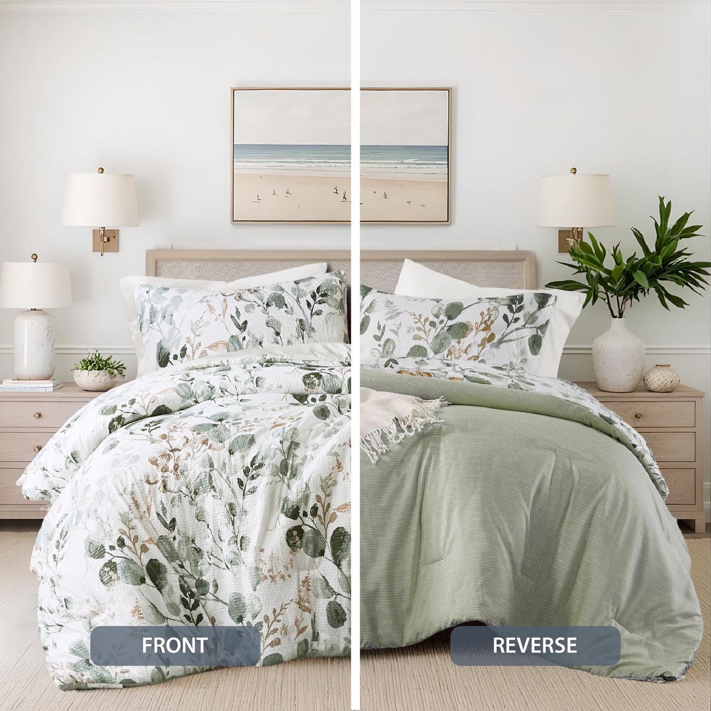 Regency Heights Lightweight Seersucker Botanical Comforter Set Twin Size, 2 Pieces Reversible Design with Striped Print, Premium Microfiber Bedding Set, Comforter and Sham Set, Green