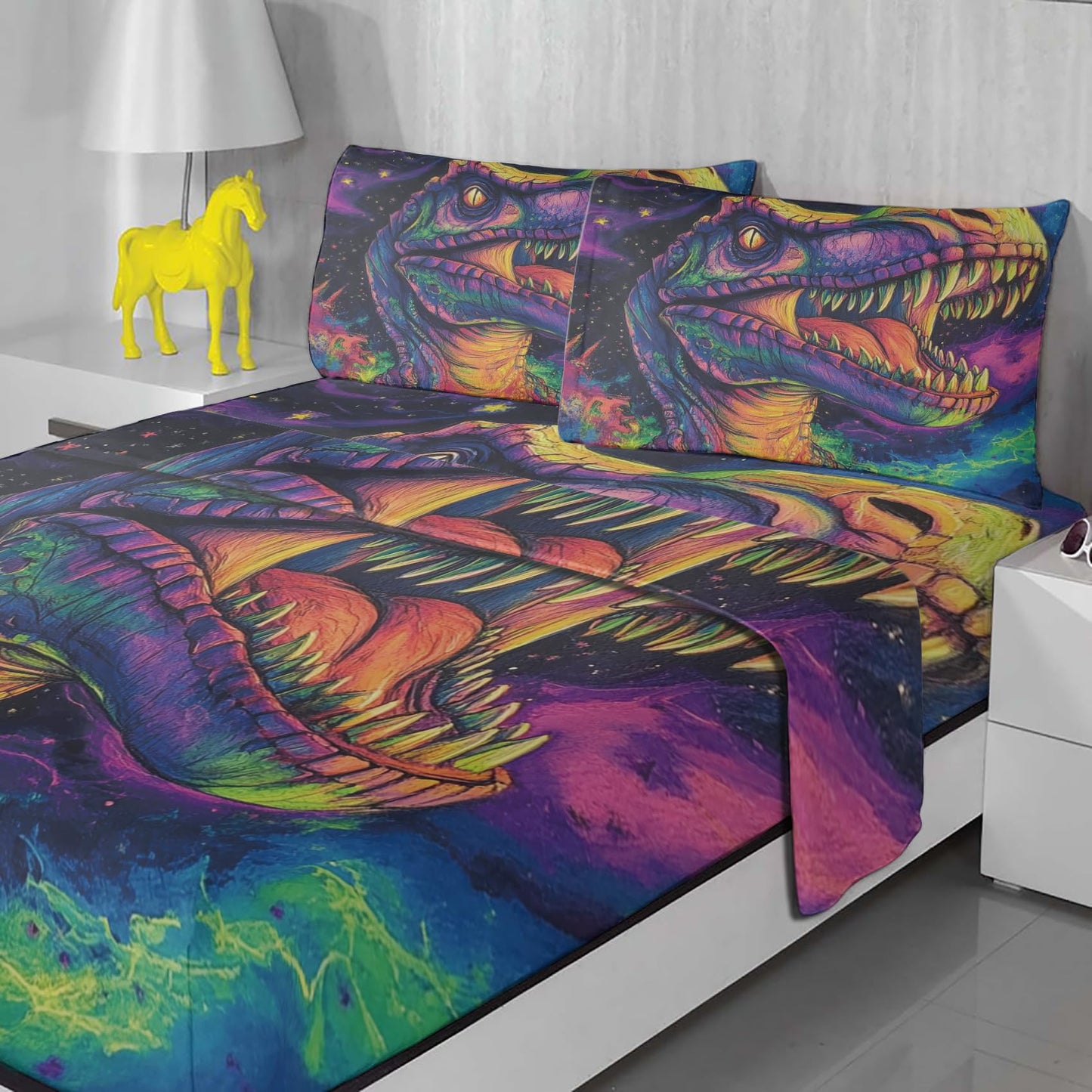 Rejkxyw King Size Sheets Set Cartoon Dino - Dinosaur Bed Sheets - Jurassic Sheet Set - 12 Inch Deep Pocket - Ultra Soft Winkle Free Microfiber Bedding Sheets & Pillowcases 4 Piece