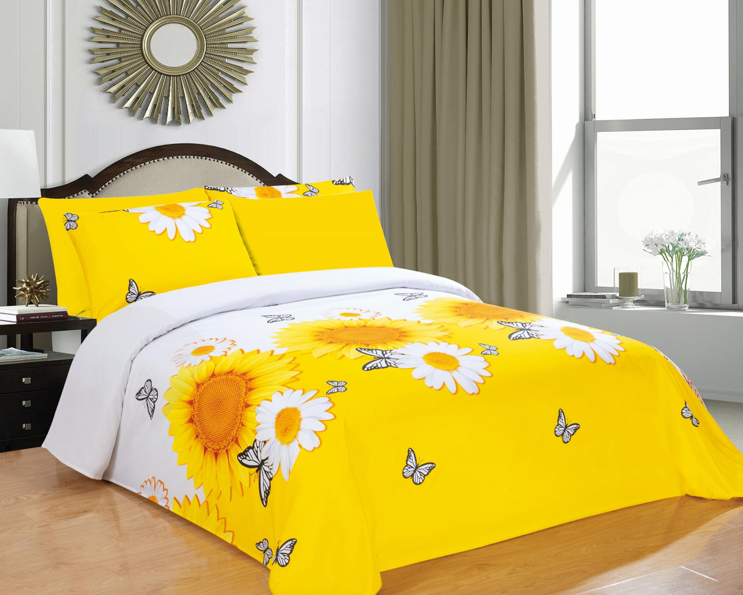 6Pcs Bed Sheet Set Queen Size, Cute Sunflower Floral Printed Soft Microfiber Bedding Sets with 1 Butterfly Patterned Sheet 1 Deep Pocket Fitted Sheet and 4 Pillowcases, Yellow